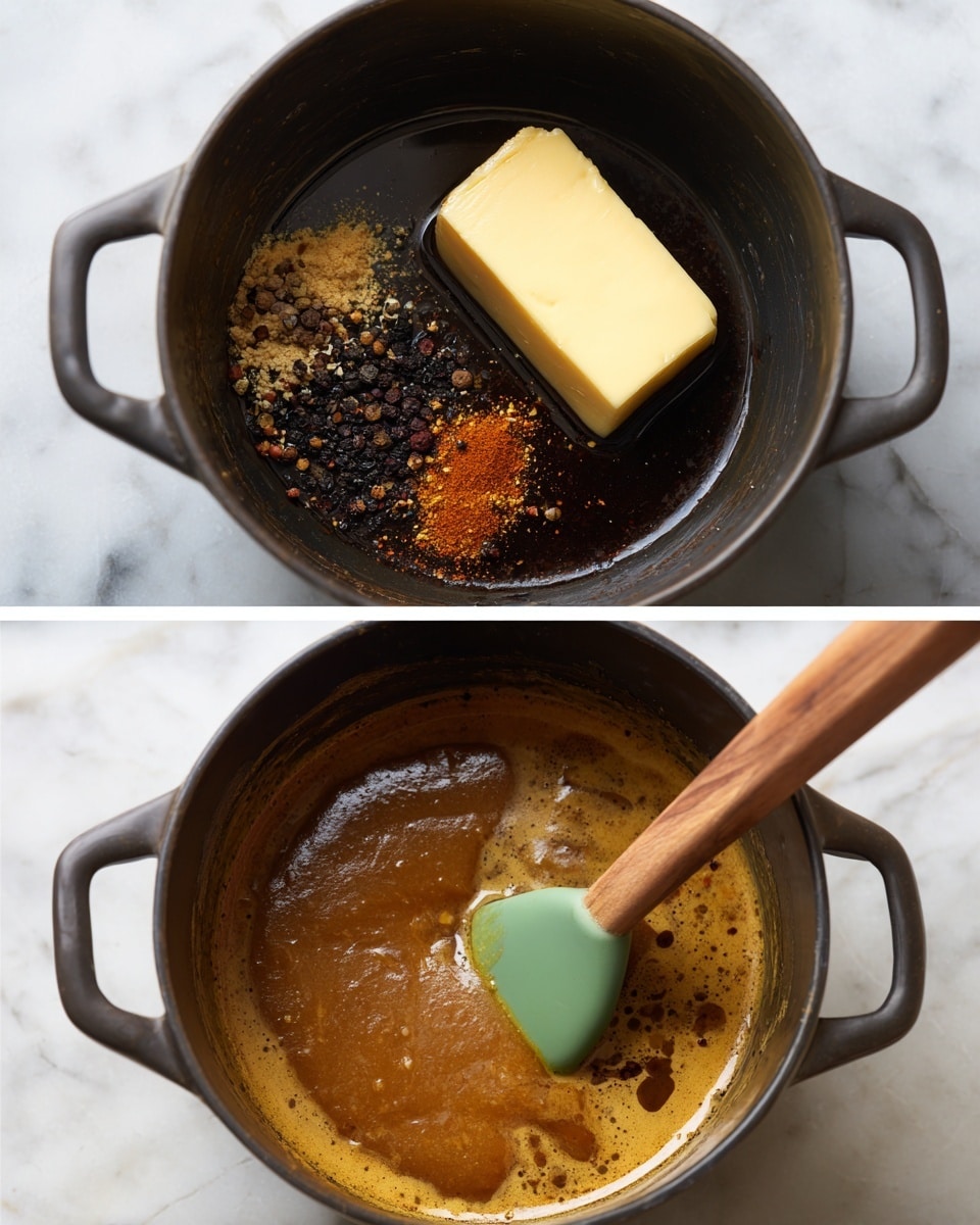 The image shows two close-up views of a black pot on a white marbled surface. In the top part, the pot contains a mix of dark liquid, a thick stick of pale yellow butter, and several scattered spices in shades of black, brown, and reddish-orange on the surface. In the bottom part, the pot now holds a smooth mixture of brown sauce, being stirred by a green spatula with a wooden handle, the spatula partially inside the pot on the right side. Photo taken with an iphone --ar 4:5 --v 7