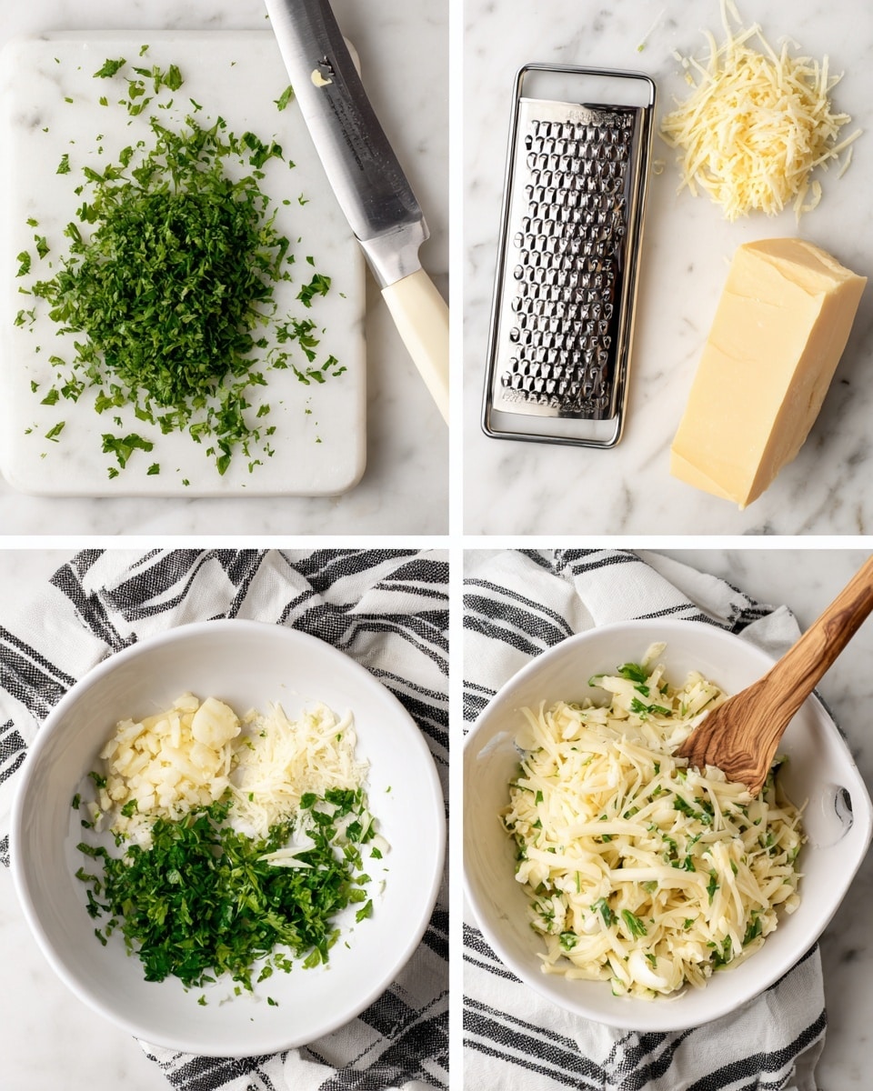 The image shows four square sections arranged in a 2x2 grid, each capturing a step for making a creamy herb cheese mix. The top left section features fresh green parsley, chopped finely with a white-handled knife placed on a white marbled surface. The top right section shows a kitchen grater beside a small mound of finely shredded pale yellow cheese and a block of cheese on a white marbled surface. The bottom left section displays a white bowl holding partially shredded cheese, minced garlic, and chopped green parsley on a cloth with black and white stripes. The bottom right section reveals the same bowl filled with a pale creamy mixture of cheese, herbs, and garlic, with a wooden spoon resting inside. Photo taken with an iphone --ar 4:5 --v 7