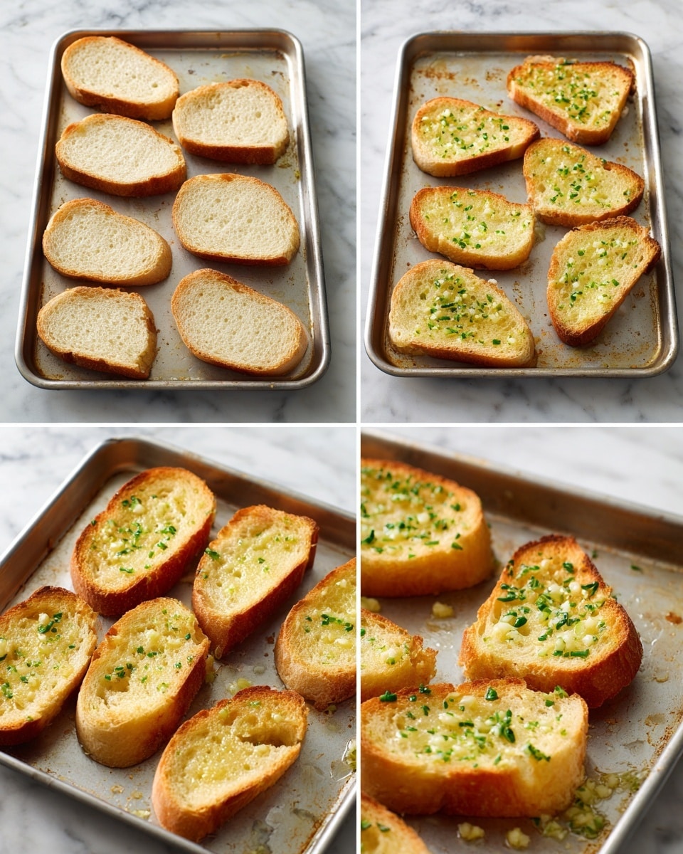 The image shows four views of a metal baking tray with eight slices of light brown toasted bread arranged in two rows. The top-left view shows plain slices of bread with a soft texture and light golden edges. The top-right view shows the bread slices spread with a pale yellow garlic butter mixed with small green herb pieces evenly spread on top. The bottom-left view shows the bread after baking with the garlic butter melted and the herb pieces more vibrant, lightly browned edges visible. The bottom-right close-up view highlights the toasted bread with a slightly crispy texture, the garlic butter melted, and green herb bits sprinkled on top. The tray is on a white marbled surface photo taken with an iphone --ar 4:5 --v 7