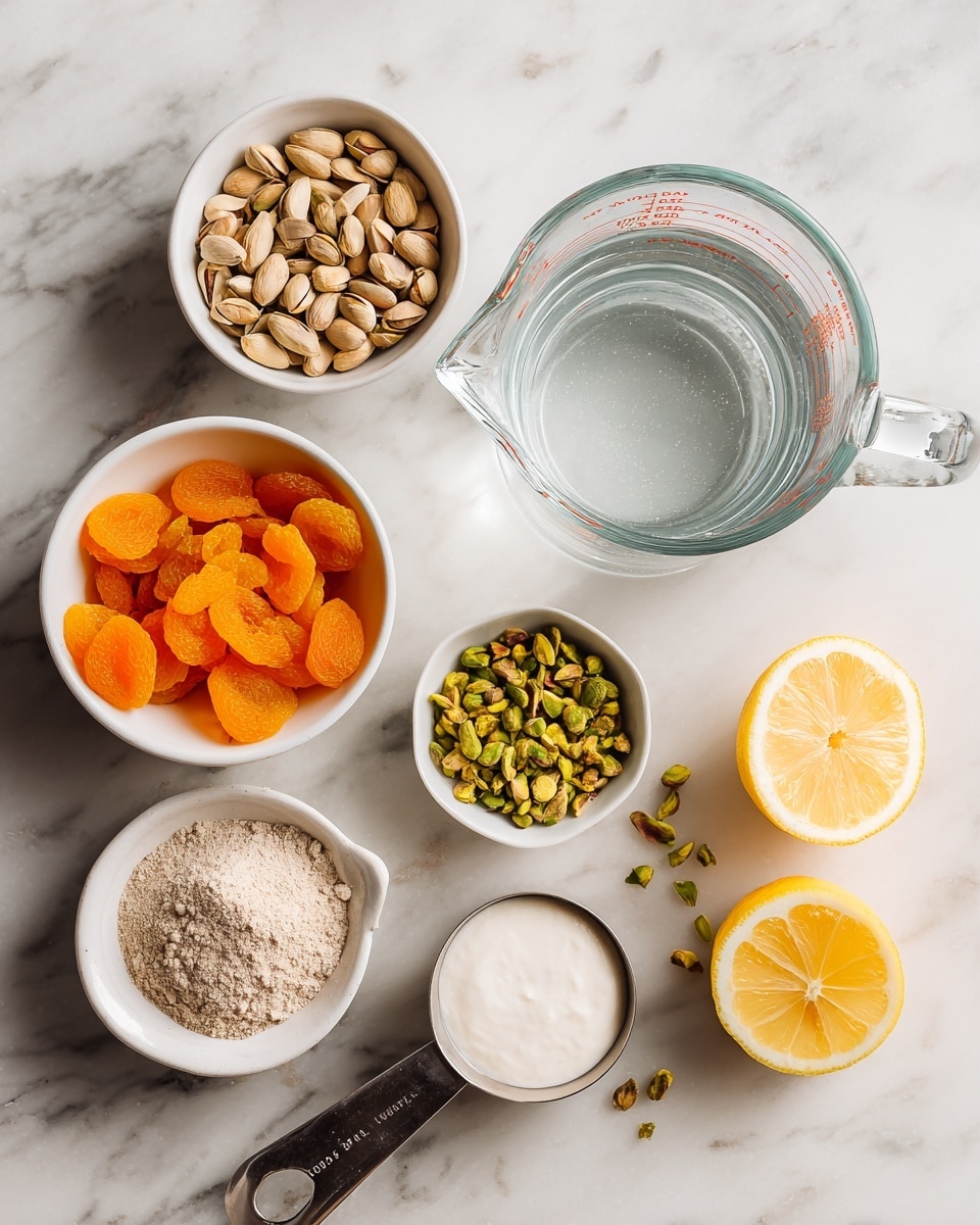The image shows a clear glass measuring cup with water in the center on a white marbled surface. Surrounding it are small white bowls filled with bright orange dried apricots, green pistachios, and a light brown powder with a silver measuring cup inside. Next to the measuring cup is a silver measuring cup filled with a white creamy substance. Two lemon halves rest on the white marbled surface near the measuring cup. The setup is clean, organized, and brightly lit, showing each ingredient clearly. photo taken with an iphone --ar 4:5 --v 7