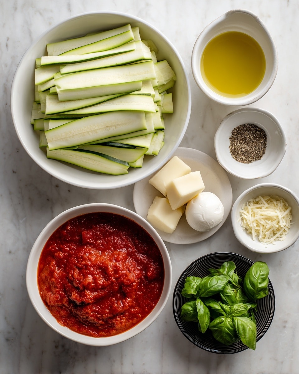 The image shows ingredients arranged neatly on a white marbled surface. On the top left, there is a white bowl filled with thin, long pale green slices of zucchini stacked flat in layers. Below that, a white bowl contains a thick red tomato sauce with a slightly chunky texture. To the right, a transparent ribbed black plate holds a round white ball of fresh cheese and several light beige chunks of aged cheese. Above this, there are three small white bowls: one with cracked black pepper, one with coarse white salt, and one filled with bright green fresh basil leaves. On the bottom right, there is a small white pitcher filled with clear golden olive oil. photo taken with an iphone --ar 4:5 --v 7