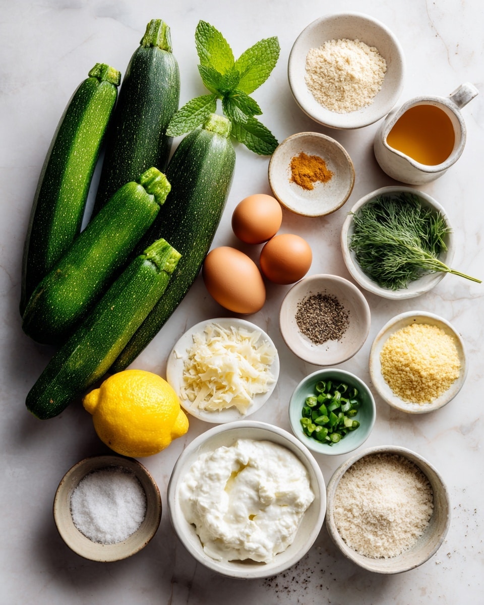 A collection of fresh ingredients arranged neatly on a white marbled surface, including six bright green zucchinis on the left, two brown eggs upright near the center, and a fresh yellow lemon below. There are small white bowls holding crumbly white cheese, shredded pale cheese, a pile of green dill, chopped green onions, fresh green mint leaves, and an amber liquid in a small white pitcher. Other small white bowls contain white flour, light beige breadcrumbs, coarse salt, black pepper, fine salt, and two types of yellowish powders, with a larger white bowl filled with creamy white yogurt placed near the front. photo taken with an iphone --ar 4:5 --v 7