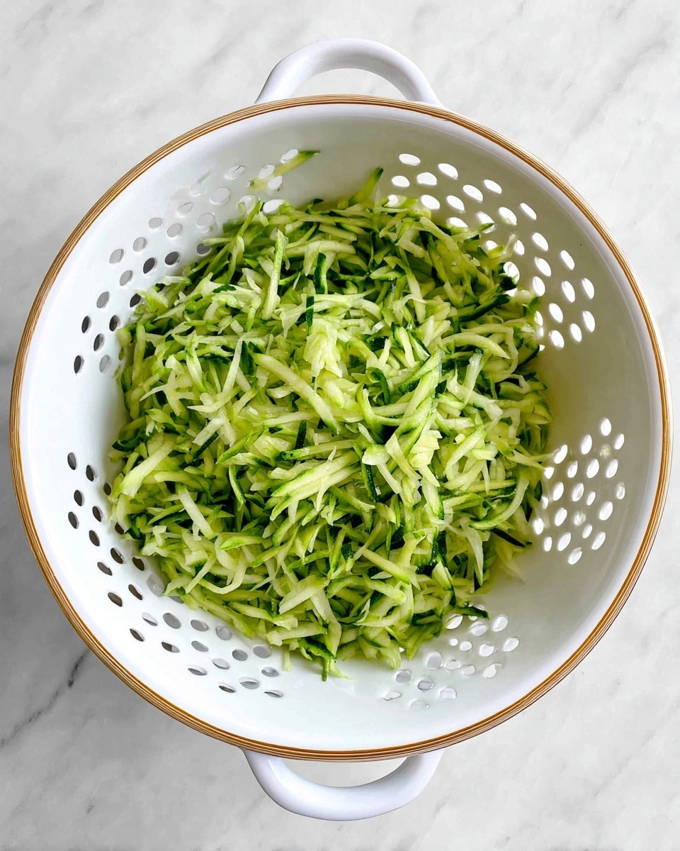 A white colander filled with a single layer of shredded green zucchini, showing thin, moist, and slightly stringy texture with small bits spread evenly inside. The colander has many evenly spaced black holes and a thin golden rim around the edge. The background is a white marbled surface. Photo taken with an iphone --ar 4:5 --v 7