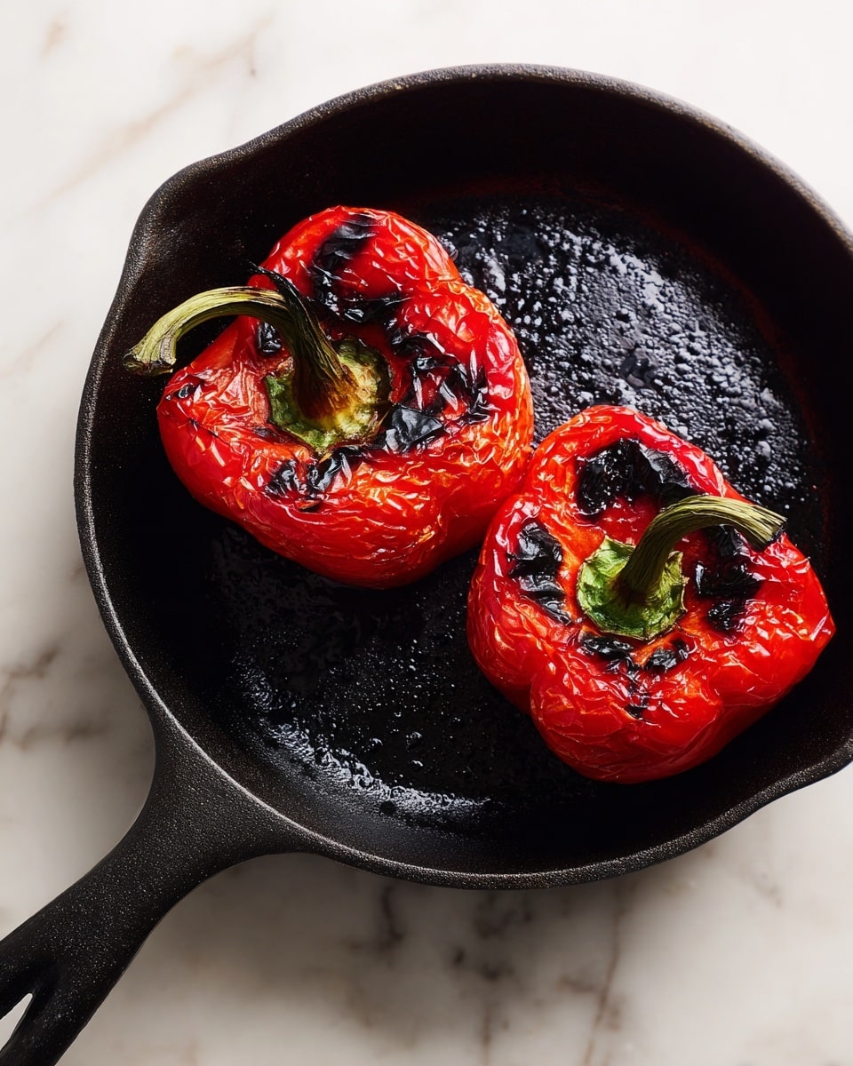 A black cast iron pan sits on a white marbled surface. Inside the pan, there are two red bell pepper halves placed side by side, with the inside side up. Both peppers have charred black spots mainly in the center, showing they were grilled or roasted. The peppers have a shiny, wrinkled texture, and one pepper half still has its green stem attached. Photo taken with an iphone --ar 4:5 --v 7