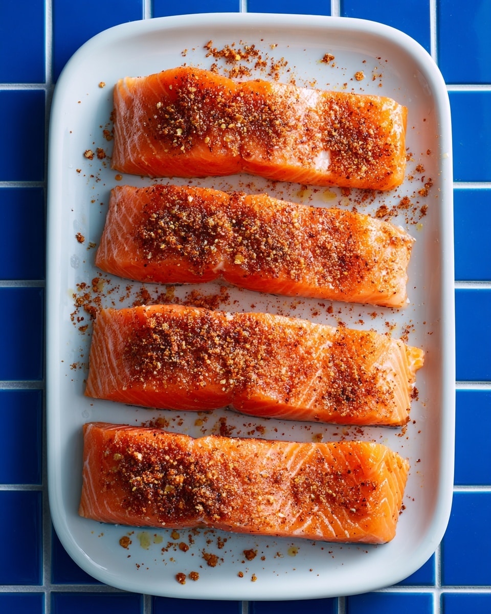 A white rectangular plate holds four salmon fillets laid side by side, each fillet showing a bright orange color with a smooth, slightly shiny texture. The top of the fillets is sprinkled evenly with brownish-red seasoning, adding a textured, dusty look. Some seasoning is scattered lightly around the edges of the plate. The plate is placed on a blue tiled surface with a visible grout pattern. photo taken with an iphone --ar 4:5 --v 7