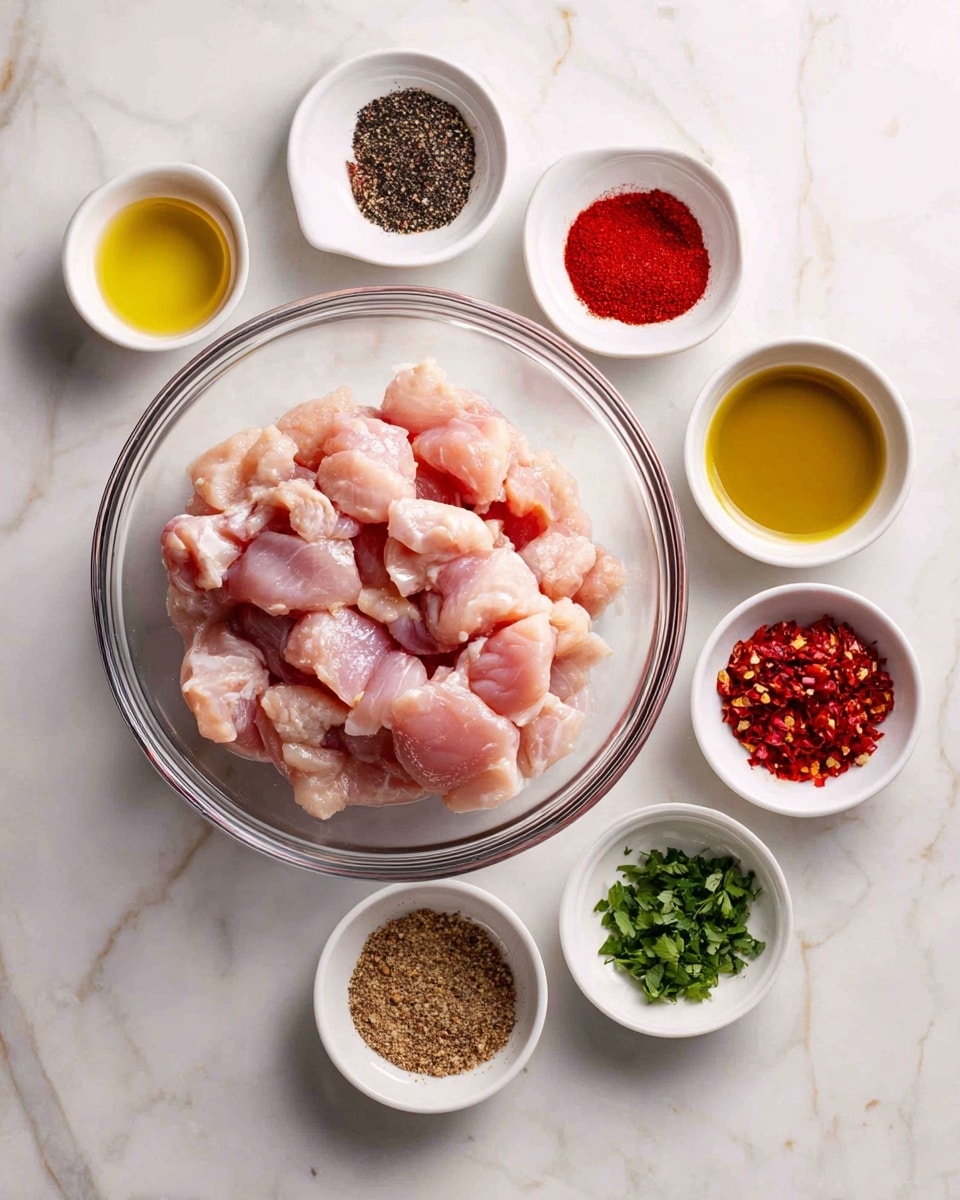 The image shows a clear glass bowl on a white marbled surface filled with small pieces of raw chicken. Around the bowl, there are seven small white bowls containing various ingredients: golden oil, red chili powder, black pepper, red paste, red pepper flakes, a brown spice, and fresh green herbs. The arrangement is neat, with all the bowls spaced evenly on the surface. Photo taken with an iphone --ar 4:5 --v 7