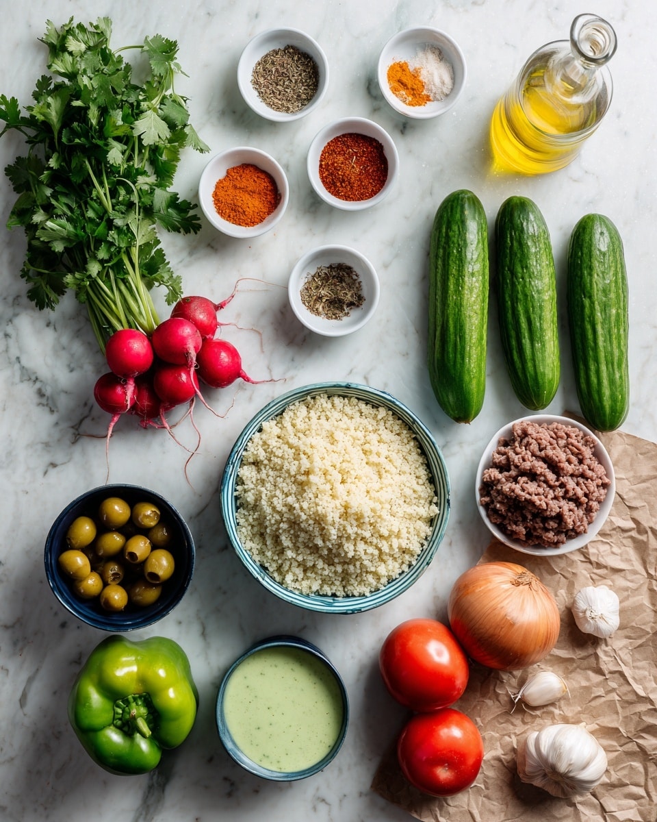 The image shows many ingredients arranged neatly on a white marbled surface. There are three green cucumbers lined up horizontally near the center. Above them, there are three small white bowls with red and orange spices and a clear glass bottle of oil. Below the cucumbers are a green bell pepper, a yellow onion, and some green olives in a small dark blue bowl. To the left, there is a bunch of fresh green cilantro, three red radishes, a bowl of cooked couscous in a white bowl with a blue inside, and another small bowl with spices. There are also two red tomatoes and three cloves of garlic near the center-right. Finally, ground meat lies on crumpled brown paper to the top-right, next to a light green creamy sauce in a white bowl. Photo taken with an iphone --ar 4:5 --v 7