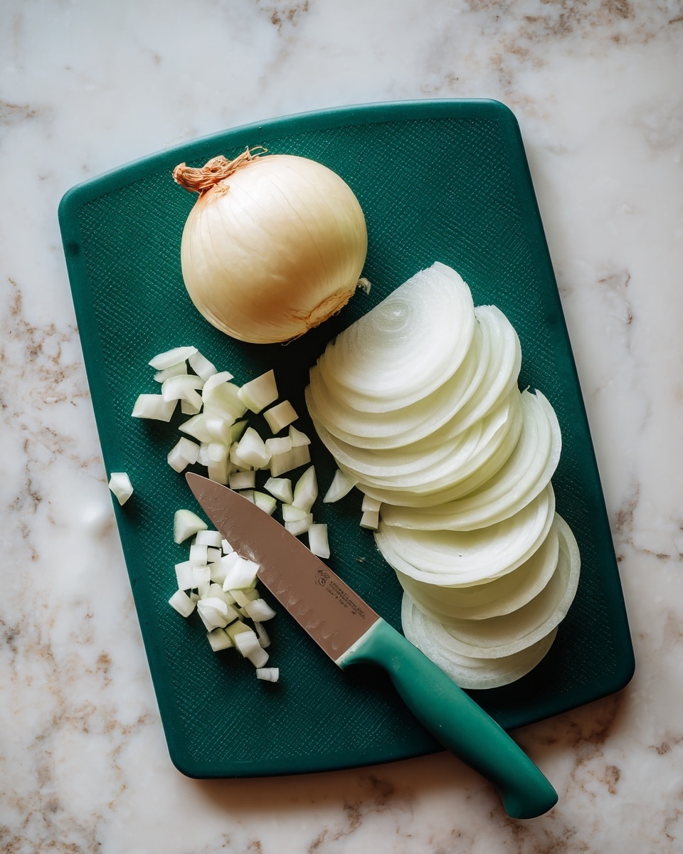 The image shows a dark green cutting board placed on a white marbled surface with a large knife resting on it. On the left side of the board, there is a half onion with its outer skin removed, and next to it are small diced white onion pieces. On the right side of the board, there are several layers of white onion slices neatly stacked and fanned out. The knife has a green handle, and its blade rests diagonally across the cutting board. Photo taken with an iphone --ar 4:5 --v 7