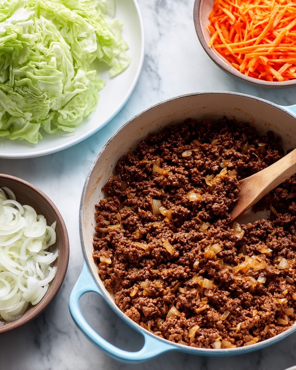 A light blue pan sits on a white marbled surface, filled with cooked ground beef mixed with small pieces of cooked onion, showing a rich brown color with some golden bits. Inside the pan, a wooden spoon rests, partially buried in the beef mix. To the left, there is a white plate with thinly sliced fresh green cabbage. On the right side, a white bowl holds bright orange shredded carrots, and a small brown bowl contains layers of white sliced onions arranged neatly. photo taken with an iphone --ar 4:5 --v 7