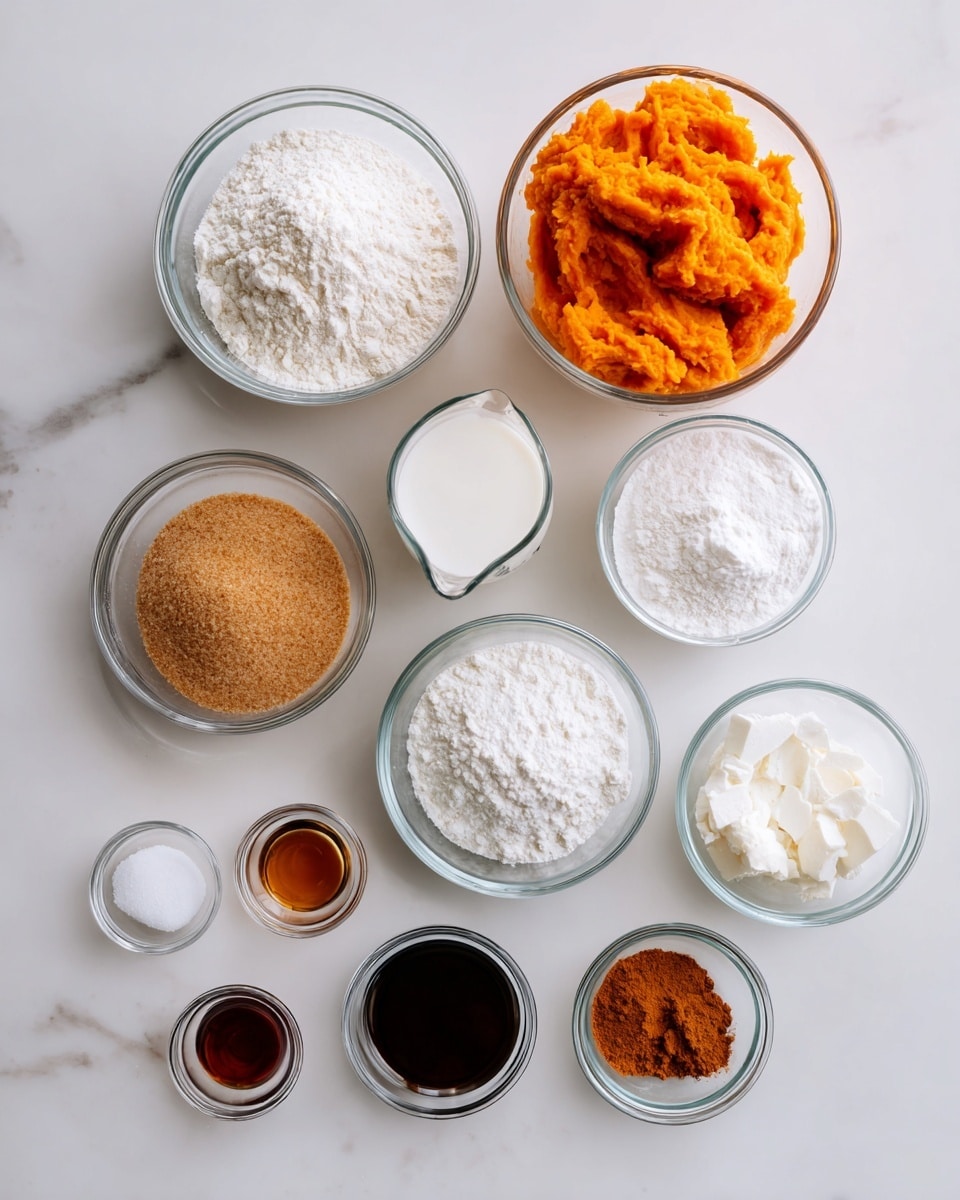 The image shows ten clear glass bowls and one glass measuring cup placed on a white marbled surface. The top left bowl holds a white powdery flour, while to the right is a glass measuring cup filled with bright orange mashed pumpkin. Below, a bowl contains light brown brown sugar, next to it is a small measuring cup with white milk. To the right are three small bowls; one with white flour, one with white powdered sugar, and one with a small amount of white powder. Below these are four small bowls, containing salt, dark brown vanilla extract, light brown cinnamon powder, and white solid coconut oil, arranged neatly. The image is well lit with a clean and simple layout, photo taken with an iphone --ar 4:5 --v 7