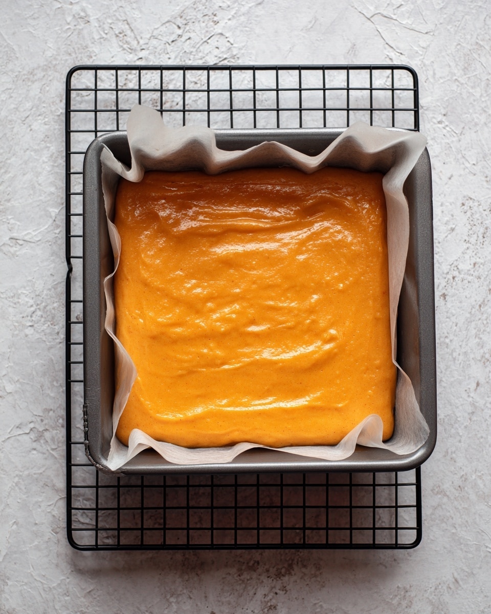 A square metal baking pan lined with parchment paper holds an even layer of thick, smooth orange batter with a slightly shiny surface that fills the pan fully, sitting on a black cooling rack placed on a white marbled texture background. photo taken with an iphone --ar 4:5 --v 7