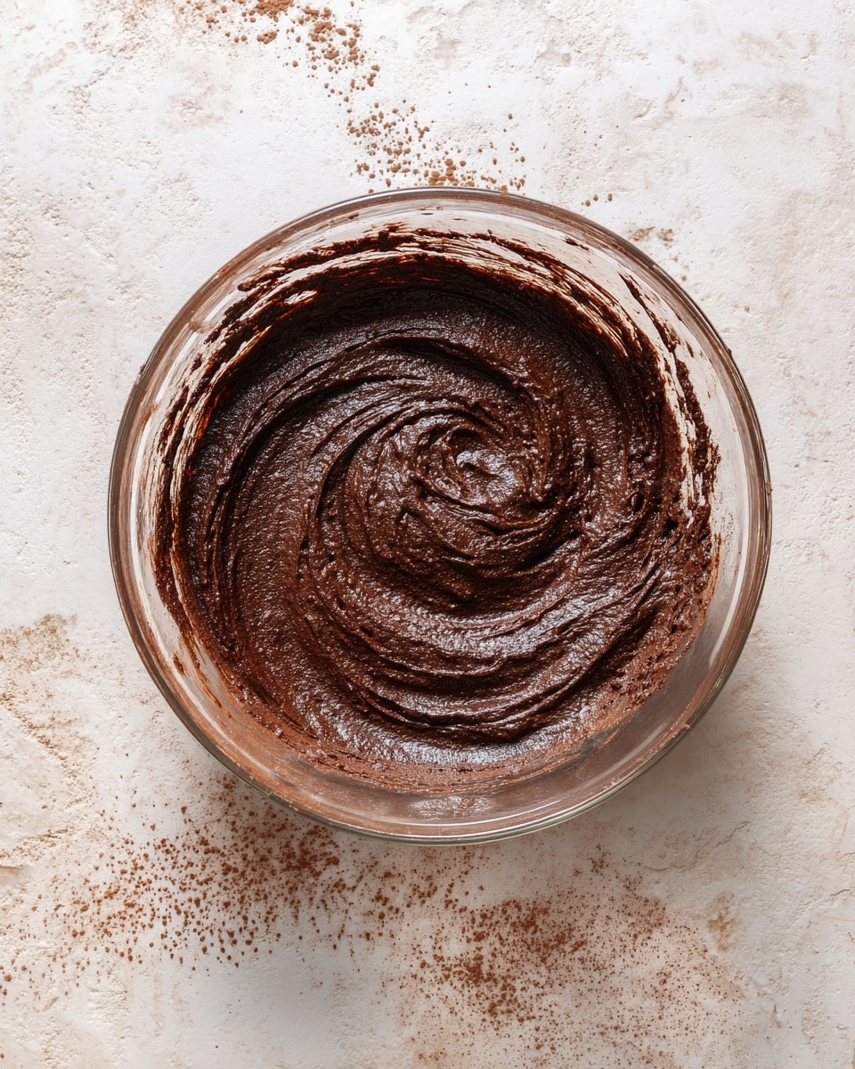 A clear glass bowl filled with thick, dark brown chocolate batter with a slightly rough texture sits on a white marbled surface. The batter is spread evenly inside the bowl with visible swirls and smudges along the sides, showing it has been recently mixed. Small bits of batter cling to the rim, and a few specks of cocoa powder are scattered on the white marbled surface around the bowl. photo taken with an iphone --ar 4:5 --v 7