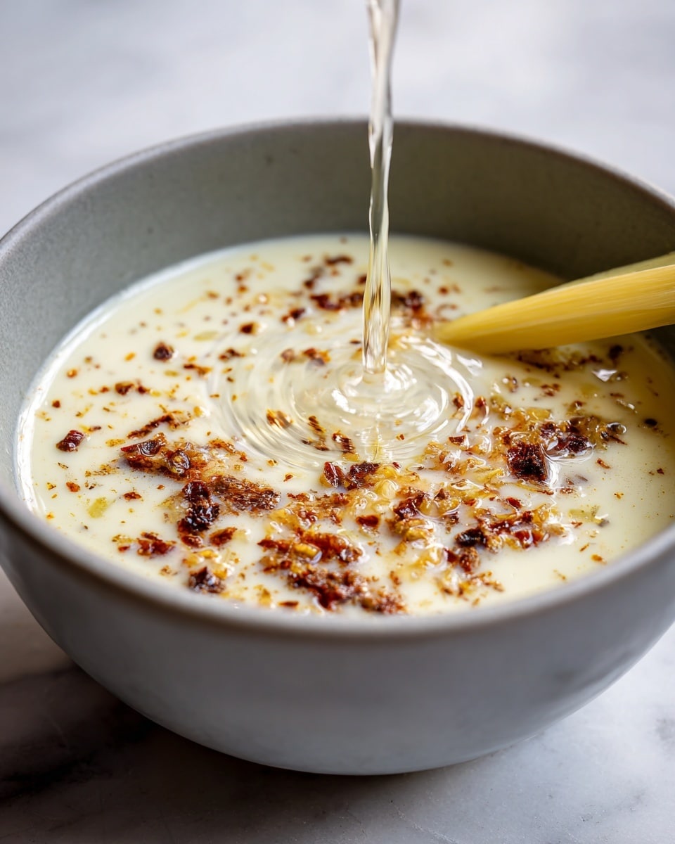 A close-up image shows a pot with a creamy white liquid inside, speckled with small clumps of cooked brown and red spices and bits of onion scattered on the surface. A pale yellow lemongrass stalk lies on the right side of the pot. The creamy liquid is swirling as a clear liquid is poured in from above, creating a whirlpool effect in the center. The pot is a soft gray color and the background is a white marbled texture. photo taken with an iphone --ar 4:5 --v 7