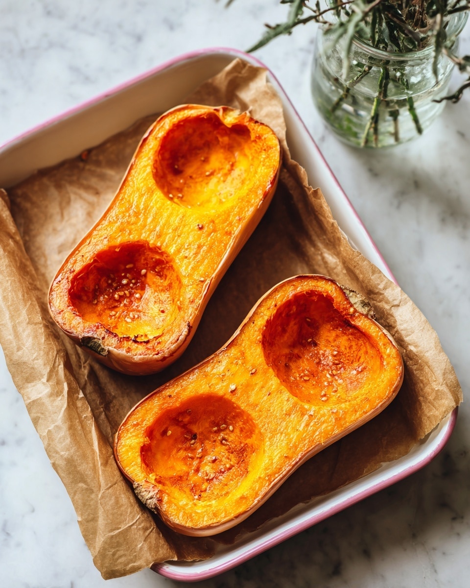Two halves of roasted butternut squash sit on brown parchment paper inside a white baking tray with pink interior edges. Each half shows bright orange flesh with a soft, textured surface and slightly caramelized edges. The squash skin is light brown, crisped around the edges, and the flesh is scooped out in the middle of each half. The tray is placed on a white marbled surface, and a glass vase with green stems in water is visible in the blurred background. photo taken with an iphone --ar 4:5 --v 7