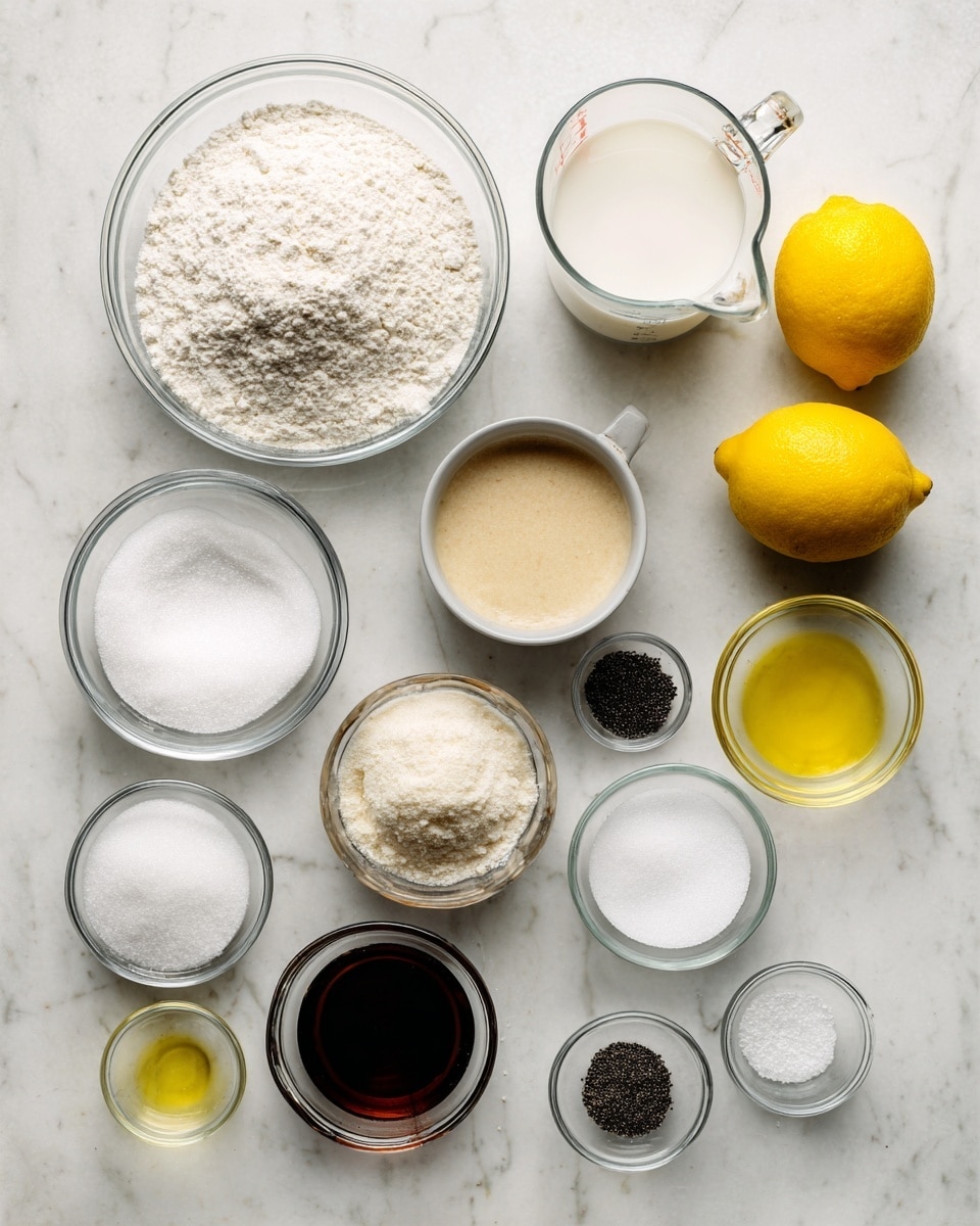 The image shows a top view of various cooking ingredients arranged neatly on a white marbled surface. There are two whole bright yellow lemons on the right side. Near the top left, a large glass bowl contains white flour. To the right of the flour, a clear measuring cup holds a white liquid, likely milk. Below the flour bowl, a small glass bowl contains a pale beige mixture with a smooth texture. Next to it, a medium glass bowl is filled with granulated white sugar. At the bottom left, a smaller glass bowl holds a fine white powder, possibly powdered sugar. Near the lower center, a small glass cup contains a dark brown liquid, likely vanilla extract. To the right, a clear glass bowl has a light yellow liquid, possibly oil. Small clear bowls with white and light salts or powders are scattered around, and a small white bowl contains tiny black seeds or poppy seeds. All items are evenly spaced, making the setup look clean and organized photo taken with an iphone --ar 4:5 --v 7