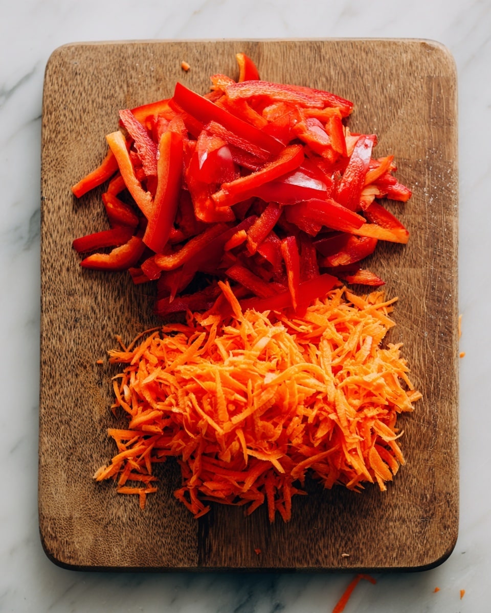The image shows a brown cutting board placed on a white marbled surface. On the cutting board, there are two piles of chopped vegetables: the top pile consists of thinly sliced red bell peppers, while the bottom pile has shredded bright orange carrots. The red bell peppers slices are uneven in size with a crisp texture, and the shredded carrots have fine, thin strands. The cutting board surface has some moisture and small vegetable scraps scattered around. photo taken with an iphone --ar 4:5 --v 7