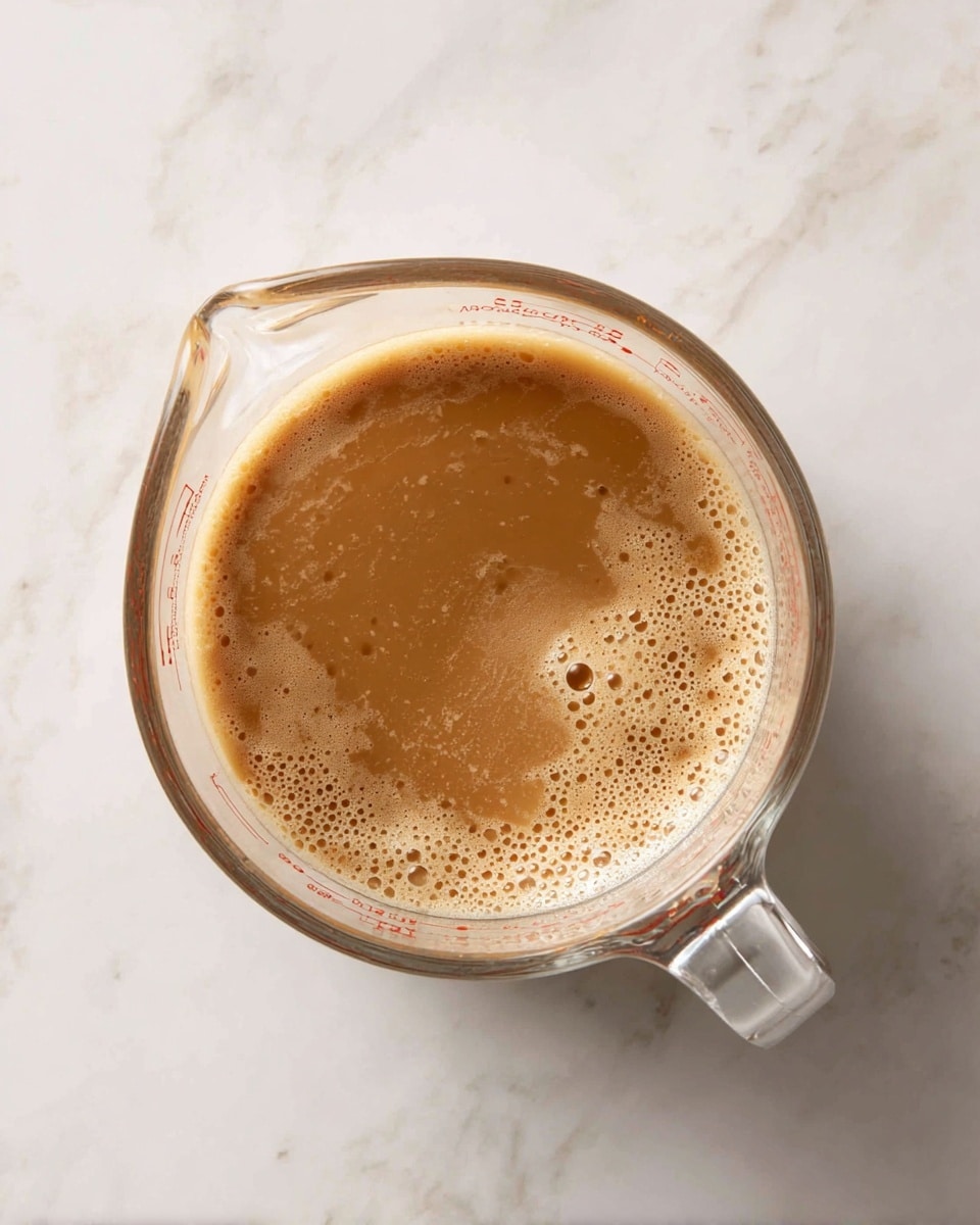 A glass measuring cup filled with a light brown, creamy sauce with a smooth but slightly bubbly texture, shown from above on a white marbled surface, the sauce filling most of the cup, with clear measurement markings visible on the sides of the cup photo taken with an iphone --ar 4:5 --v 7