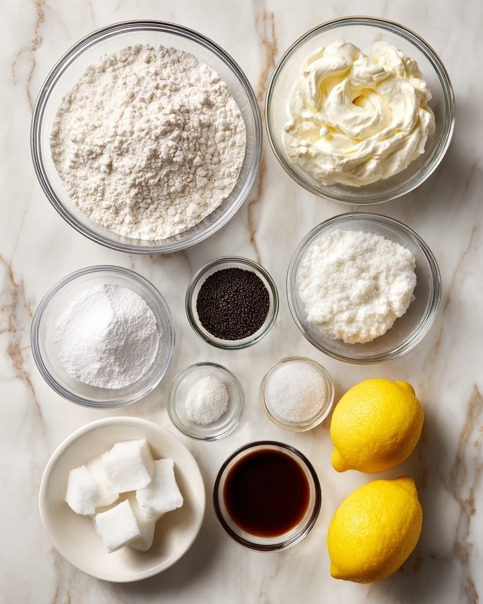 The image shows eleven clear glass bowls and two bright yellow lemons arranged neatly on a white marbled surface. The largest bowl at the top left contains a pile of white flour with a slightly coarse texture. To its right is a medium bowl filled with white whipped cream that looks fluffy and soft. Below the flour bowl, a small bowl holds fine white salt, and another saucer at the bottom left contains solid white coconut oil lumps. Centered in the middle is a large bowl with powdered sugar that looks smooth and fine. Next to it on the right is a smaller bowl filled with tiny black poppy seeds that have a rough texture. Below the powdered sugar is a medium bowl of white granulated sugar with a crystalline look. Above it on the left is a small bowl with white baking powder, and nearby a very small bowl holds dark brown vanilla extract. The bright lemons are placed at the bottom right corner, standing out with their smooth, shiny yellow skin. photo taken with an iphone --ar 4:5 --v 7