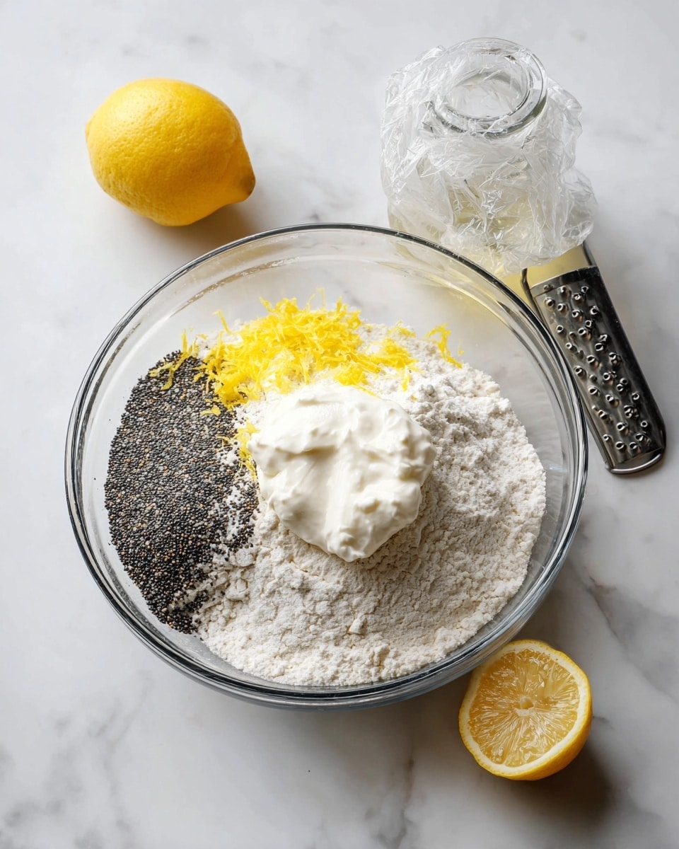 A clear glass bowl sits on a white marbled surface filled with several dry and wet ingredients arranged in layers: a large portion of white flour forms the bottom layer, topped with small dark gray poppy seeds clustered on one side, a dollop of thick white creamy ingredient placed near the center, and bright yellow lemon zest sprinkled on top of the creamy layer and poppy seeds. Nearby, there is a whole lemon with some grated peel removed, a metal grater with a black handle showing traces of lemon zest, and a glass jug wrapped with loose plastic wrap containing a clear liquid. Photo taken with an iphone --ar 4:5 --v 7