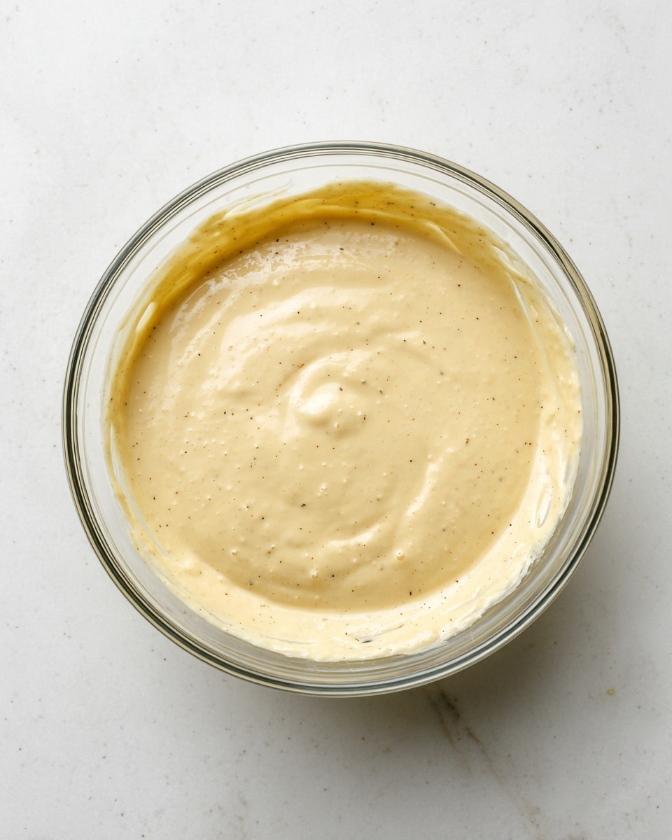 A single clear glass bowl sits on a white marbled surface, filled with a smooth, thick pale yellow batter that has small black specks scattered throughout. The batter reaches near the top edge of the bowl, with some batter slightly smeared along the inner sides. The texture looks creamy and consistent, with a few tiny bubbles visible on the surface. The background is plain white, making the bowl and its contents stand out clearly. photo taken with an iphone --ar 4:5 --v 7