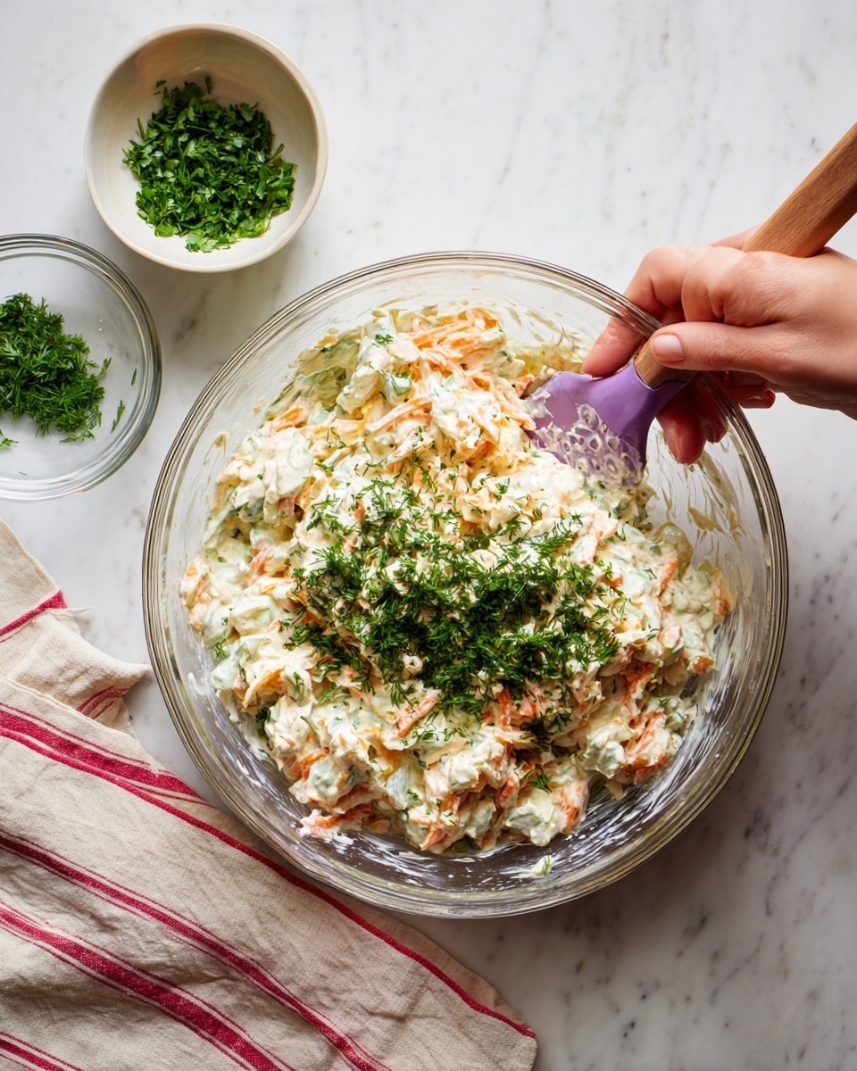 A close-up top view of a bowl filled with potato salad. The potato salad has roughly three layers: large chunks of yellowish potatoes, orange carrot pieces, and small green herb bits mixed throughout. The salad looks creamy but not smooth, with a rough texture from the potato chunks. On top, there is a small bunch of fresh green parsley leaves placed as a garnish in the center. The bowl is round and white instead of yellow, placed on a white marbled surface. Next to the bowl is a white cloth with red stripes casually folded. photo taken with an iphone --ar 4:5 --v 7