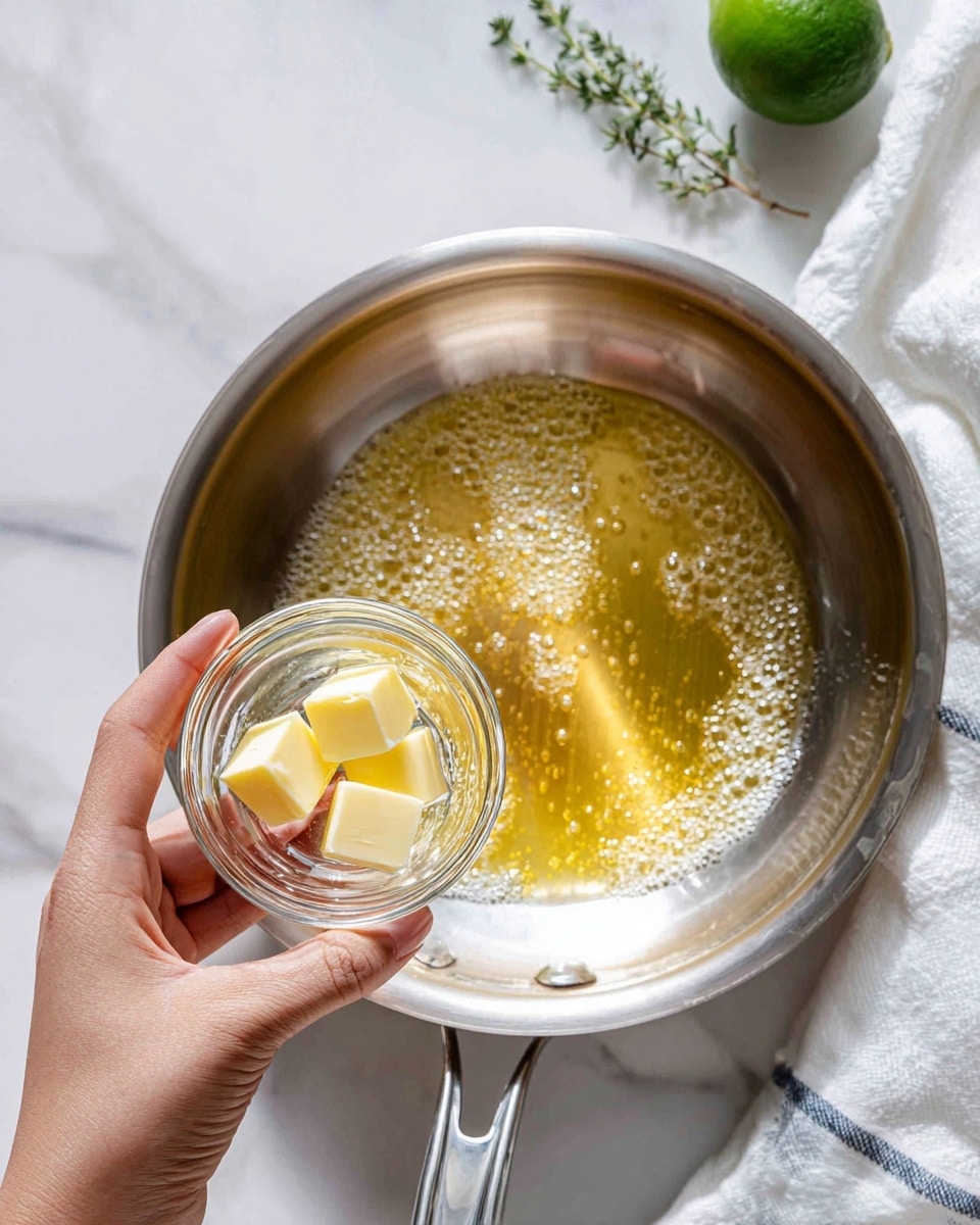 A close-up image shows a woman's hand holding a small clear glass bowl with three light yellow chunks of butter over a silver pan. In the pan, melted butter bubbles and swirls with a golden-brown color, creating a warm and shiny texture. The background is a white marbled surface with a half green lime and some green herb leaves nearby. A white towel with a blue edge lies partially visible under the pan. The scene is bright, fresh, and clean, highlighting the process of melting butter for cooking photo taken with an iphone --ar 4:5 --v 7