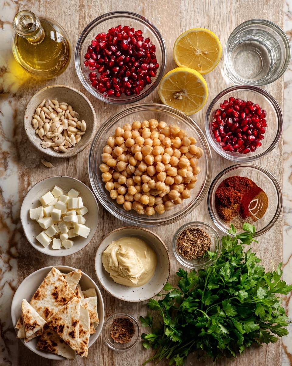 The image shows a wooden surface with many clear glass and small white bowls arranged in a loose circle. In the center is a large clear glass bowl filled with light brown chickpeas. Around it are smaller bowls holding bright red pomegranate seeds, light beige pine nuts, white cubes of cheese, a creamy beige sauce, and a rough red paste. There are also a few white bowls with different shades of brown spices, and a bowl with garlic cloves. Two lemon halves rest on the surface next to a small clear glass bottle of olive oil. A bunch of fresh green parsley is on the white marbled texture surface. At the bottom, a small white bowl contains pieces of sliced pita bread. A clear glass of water is also visible on the surface. Photo taken with an iphone --ar 4:5 --v 7