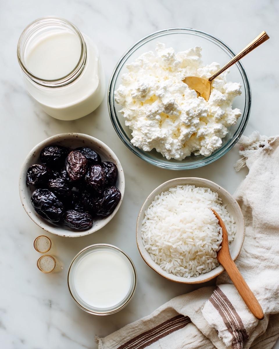 The image shows six clear and white bowls and glasses arranged on a white marbled surface. In the top center, a clear glass bowl holds white cottage cheese with a golden spoon inside it. Below and slightly to the left, a smaller white bowl contains dark prunes. Near the bottom center, another clear glass bowl holds white rice with a wooden spoon resting on top. To the right of the rice bowl, a small clear glass cup has white coconut milk. To the left, a white glass jar is filled with white milk, and a golden glass is visible near the top. There is a white cloth with brown stripes placed to the right side, partially under some bowls. The scene is softly lit, showing clear textures of the ingredients. photo taken with an iphone --ar 4:5 --v 7