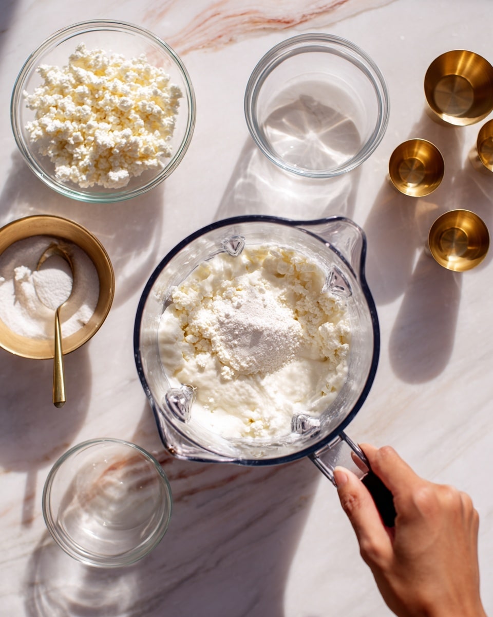 The sequence shows a glass blender sitting on a white marbled surface with a woman's hand pouring white powder, likely sugar, into it in the first frame. Surrounding the blender are a clear bowl filled with cottage cheese and a golden spoon inside, a clear bowl with a white liquid, and several golden measuring cups positioned near the top. In the second frame, the white liquid is poured into the blender over the powder, partially mixed, showing a creamy texture forming around the blade. In the last frame, the mixing inside the blender continues with a more even white, creamy texture filling the blender. The scene captures from above with natural light highlighting the ingredients and utensils, photo taken with an iphone --ar 4:5 --v 7