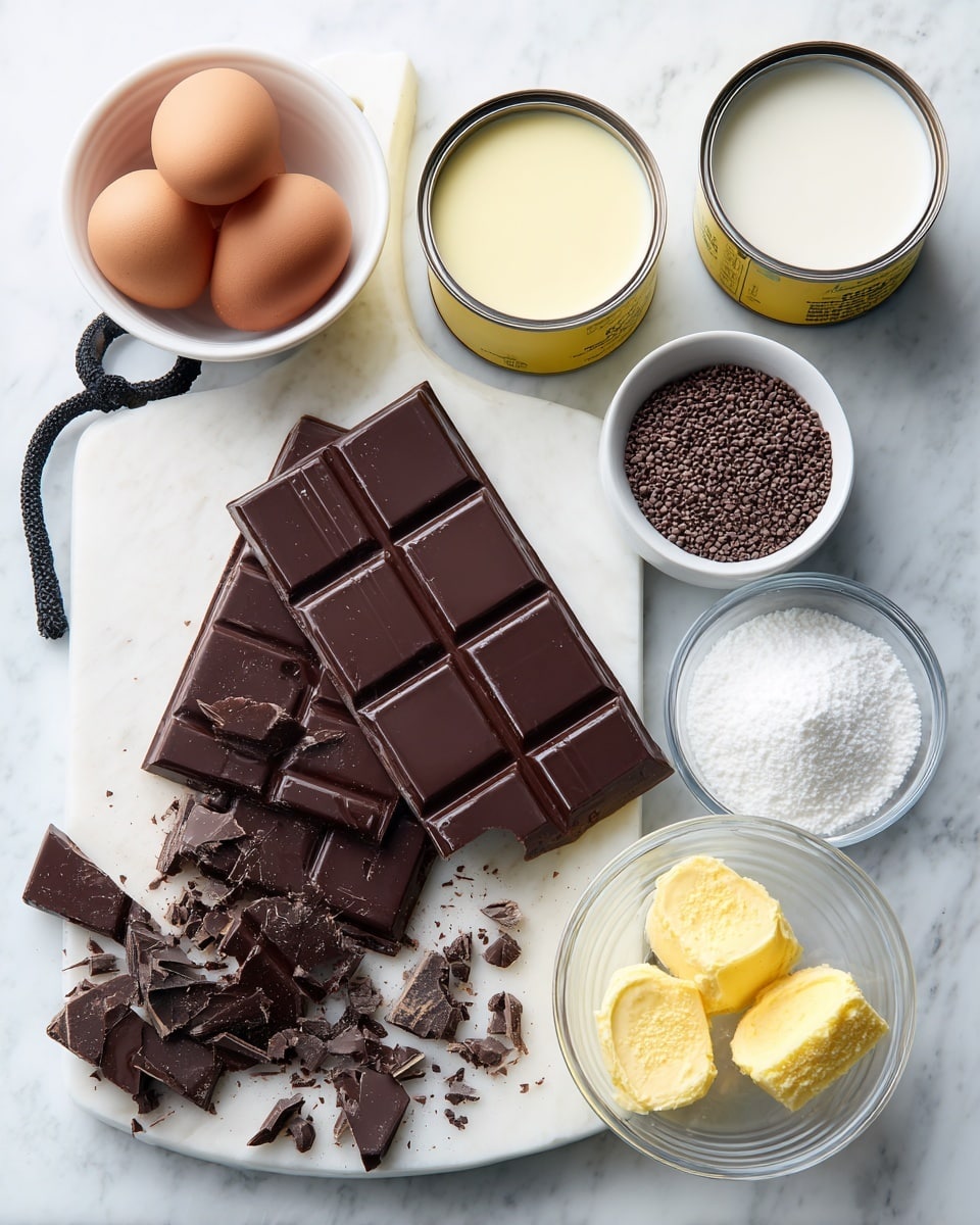 A white marbled board holds a large dark chocolate bar with some pieces broken and chopped into small and medium shards scattered around it. To the left on the board is a handle looped with a black string. Above the board, there is a white bowl containing three brown eggs. Nearby, two opened cans filled with light yellow condensed milk sit side by side with their lids partially open. To the right of the cans is a clear glass pitcher filled with white milk. Next to it on the upper right, a white bowl contains small dark brown chocolate sprinkles. Below the sprinkles is a clear glass plate holding two yellow butter scoops. At the bottom right, there is a white bowl filled with granulated white sugar. All items are placed on a white marbled surface. photo taken with an iphone --ar 4:5 --v 7