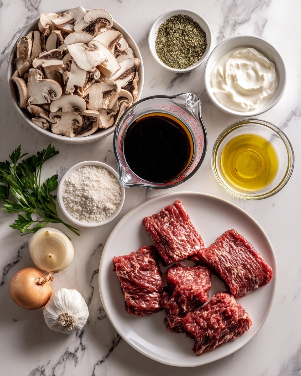 A white plate holds three raw, red pieces of meat with a slightly shiny texture, placed near the bottom center of the image. Above it, a glass measuring cup with dark brown liquid fills most of the center space. To the upper left, a white bowl is filled with light brown and white sliced mushrooms showing their detailed texture. Near the top right, a glass bowl contains white cream, and beside it is a small white dish with green dried herbs. To the bottom left of the mushrooms, a small shallot and two round beige and white containers are placed. Below the measuring cup are small bowls: one with white flour, one with yellow olive oil, and one with fresh green parsley. A whole garlic bulb sits near the oil. All items are arranged on a white marbled surface, photo taken with an iphone --ar 4:5 --v 7