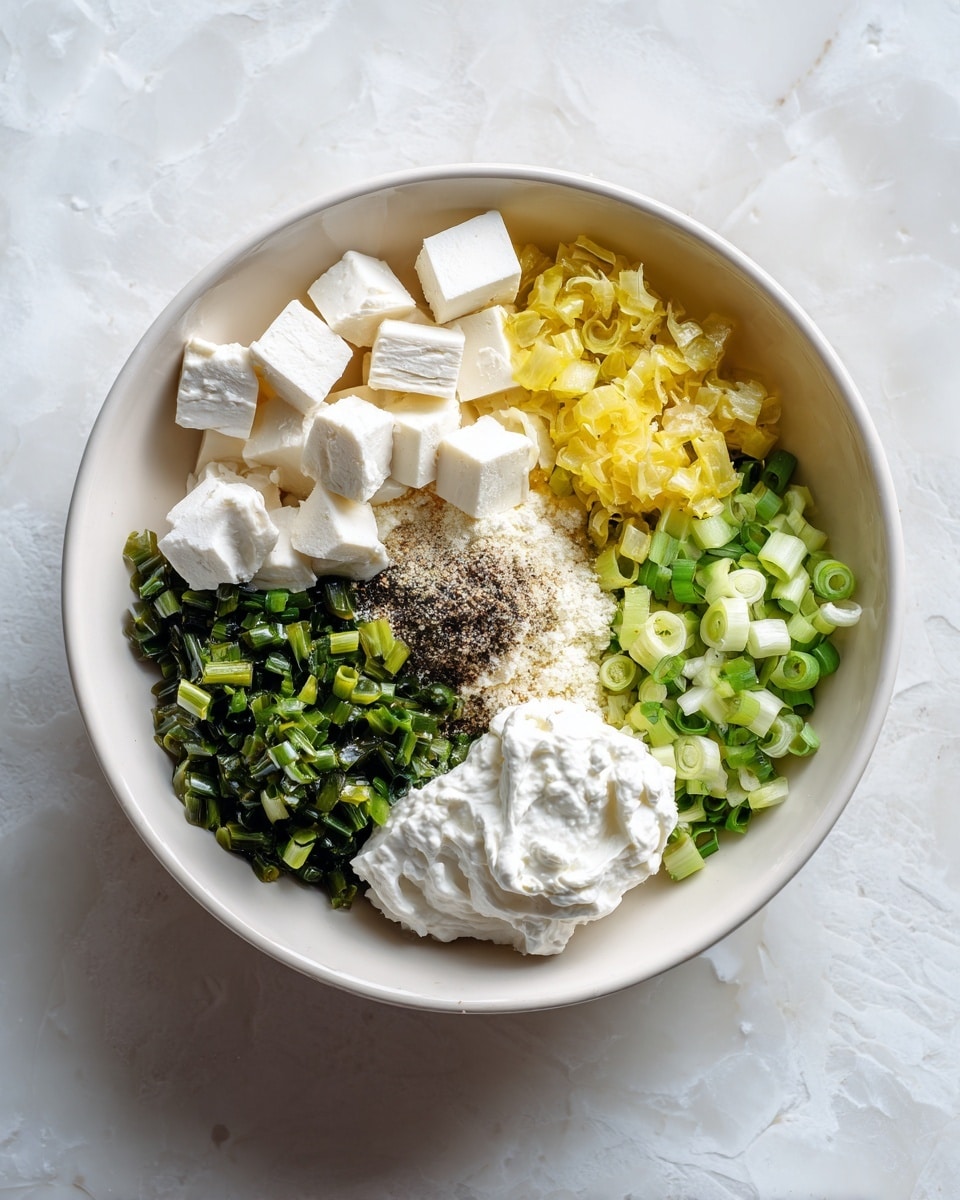 A white bowl on a white marbled surface holds several ingredients arranged in clear sections: white cream cheese cubes on the top left, finely chopped yellow pickles on the top right, whole black pepper and white salt sprinkled near the center, light yellow powder seasonings beside the pepper and salt, a dollop of creamy white mayonnaise on the right, finely chopped dark green chives at the bottom left, and sliced light green scallions at the bottom center. photo taken with an iphone --ar 4:5 --v 7