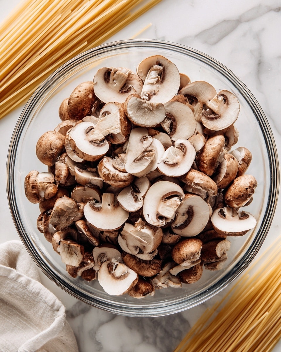 A clear glass bowl filled with many sliced brown mushrooms, showing their white inner texture and light brown outer skin. The mushrooms are layered unevenly inside the bowl, some facing upwards and others sideways, giving a natural, fresh look. The bowl sits on a white marbled surface with some uncooked spaghetti noodles partially visible to the side. photo taken with an iphone --ar 4:5 --v 7