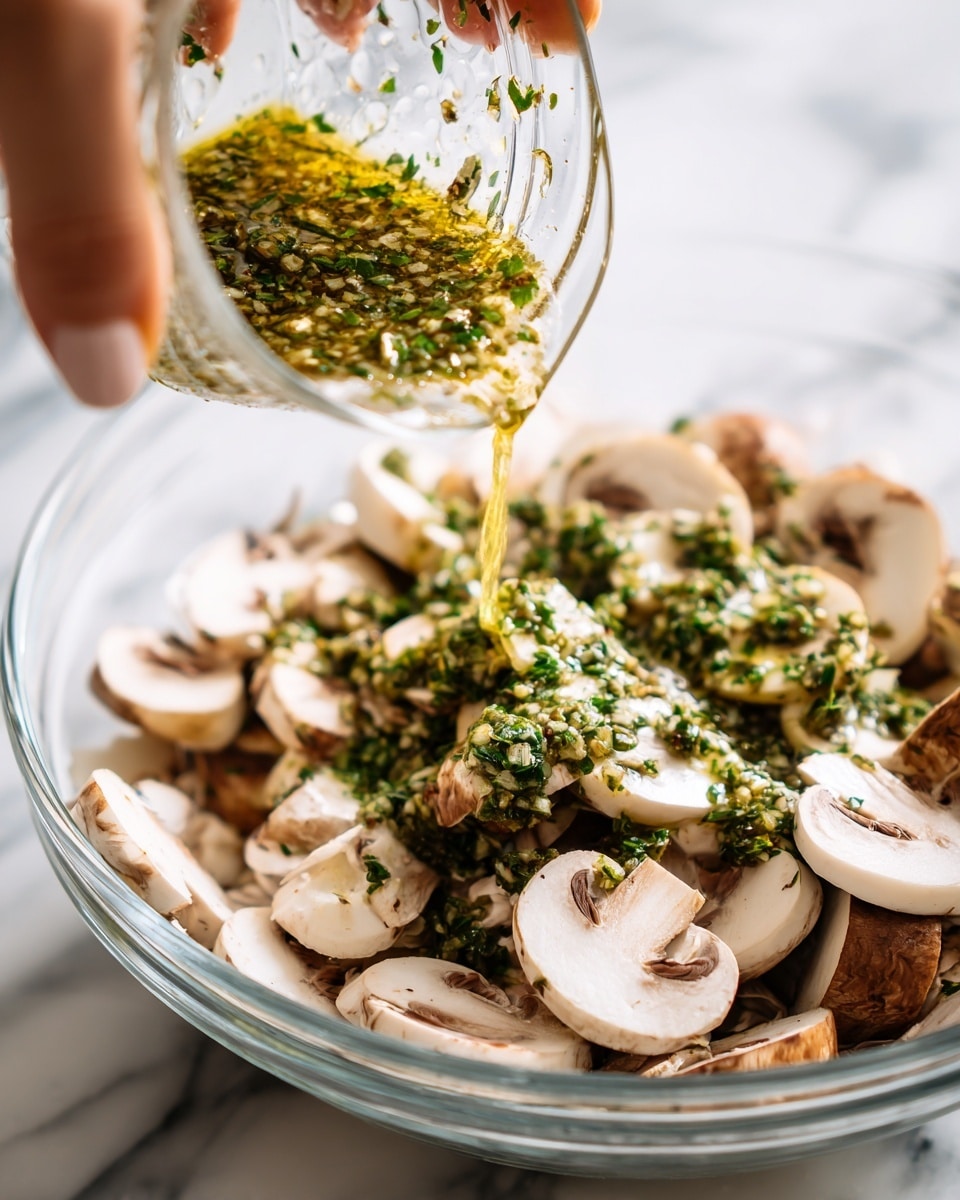 A close-up image shows a clear cup pouring a greenish-yellow sauce with chopped herbs over a pile of brown and white sliced mushrooms inside a clear bowl. The sauce looks oily and slightly thick, and the mushrooms are fresh with smooth white undersides and brown tops. The background surface is white marble, and a woman's hand is holding the cup at the top left corner of the image. Photo taken with an iphone --ar 4:5 --v 7