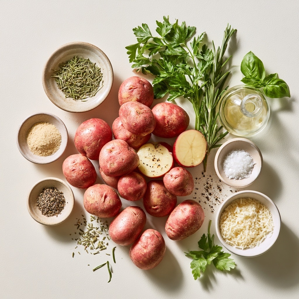 A white plate is full of roasted baby red potatoes with skins on, some cut in half showing a golden brown crispy texture with charred spots, and the others whole with wrinkled, roasted reddish skins. The potatoes are sprinkled with small green herb pieces and tiny bits of light-colored seasoning, creating a mix of warm yellow, golden, and reddish colors layered closely together. The white marbled surface is partly visible under the plate. photo taken with an iphone --ar 4:5 --v 7
