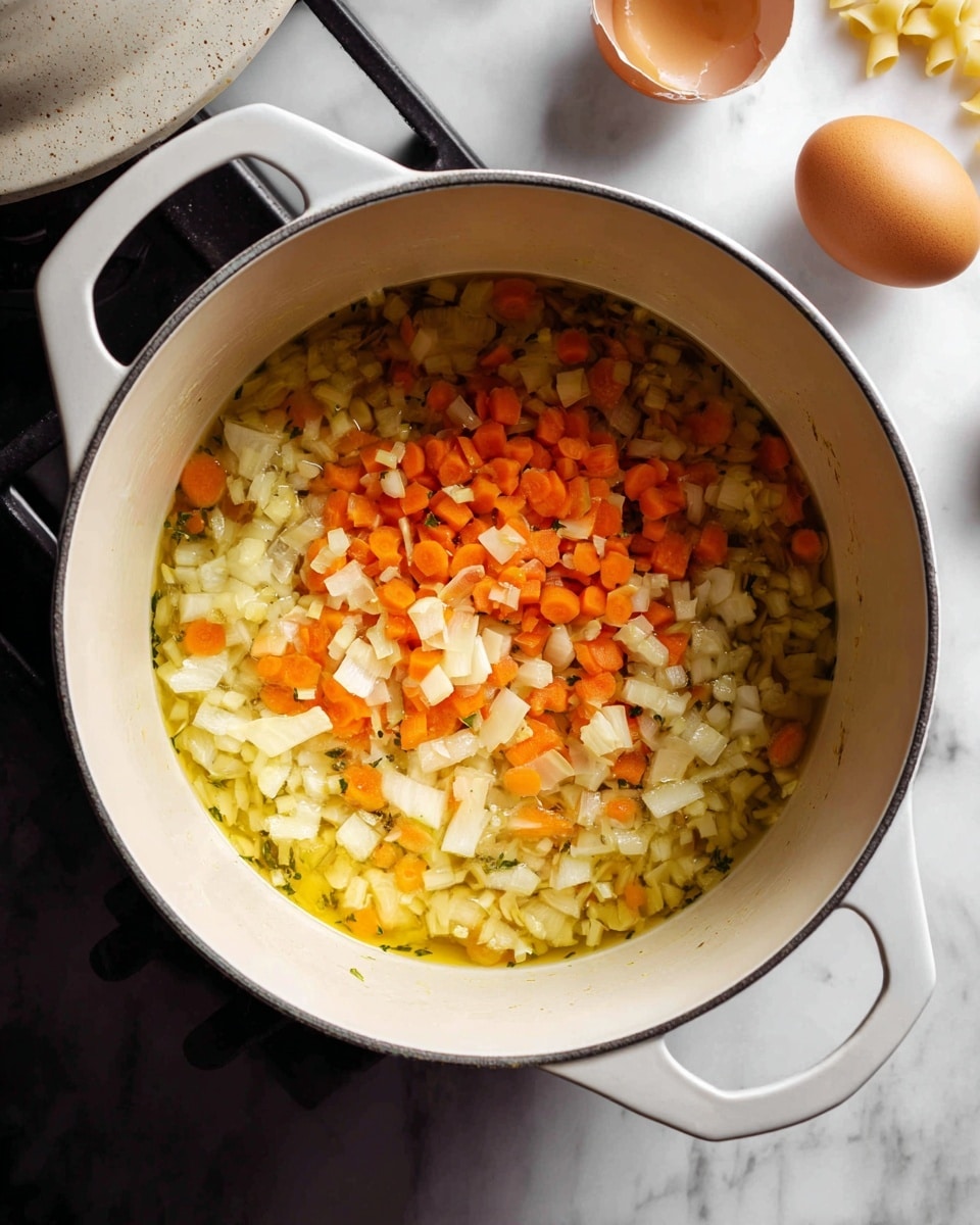 Inside a white pot with two handles, there are two layers of small diced vegetables. The bottom layer is light yellow oil, and the top layer has bright orange carrot pieces mixed with white onion pieces. The pot sits on a black stove, and in the background, there is a white marbled surface with a few pasta pieces and an egg visible. Photo taken with an iphone --ar 4:5 --v 7
