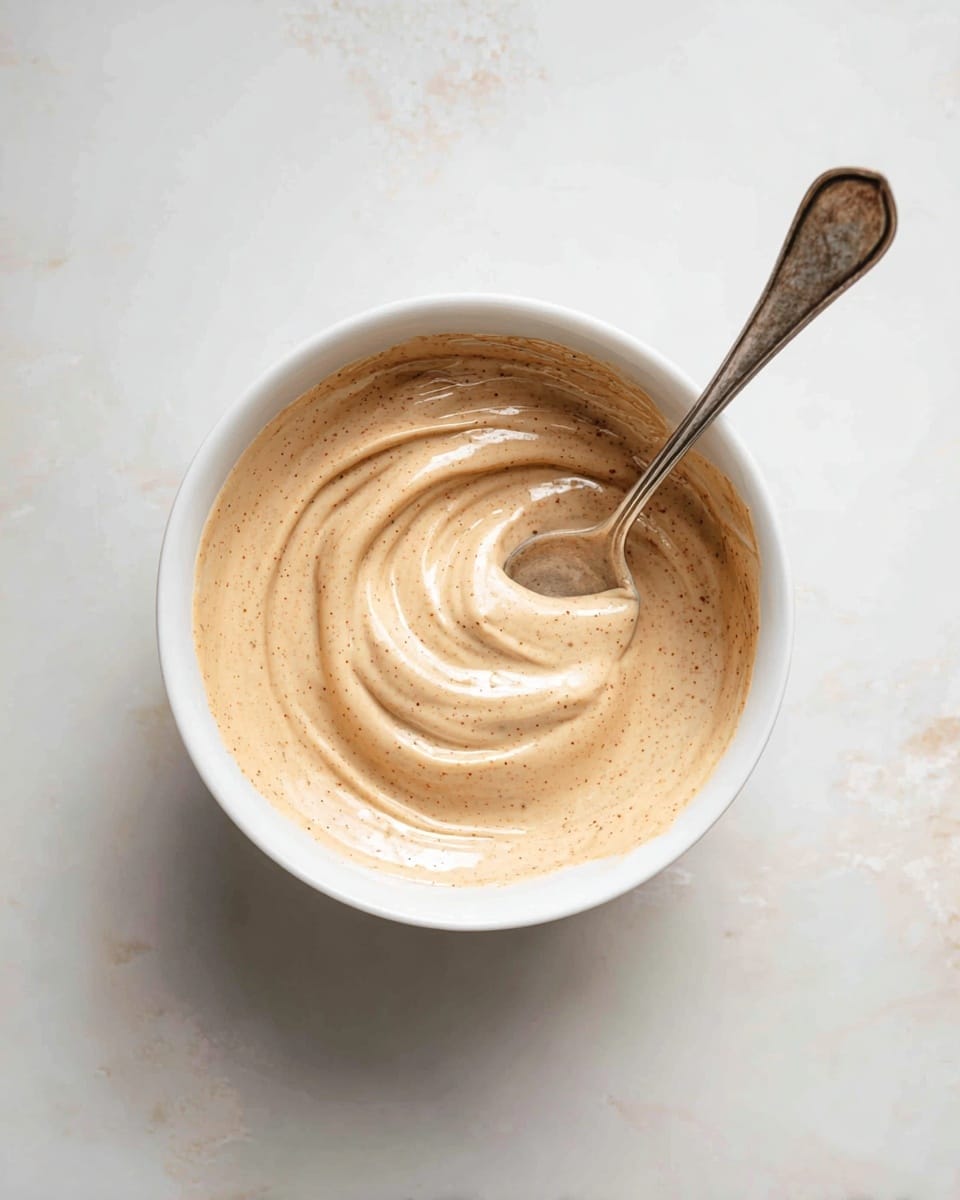 A small white bowl filled with smooth, light brown creamy sauce that has a slight shine and some tiny dark specks mixed in. Inside the bowl, there is an old silver spoon resting with part of its bowl dipped into the sauce, showing soft swirls in the texture. The bowl sits on a white marbled surface with subtle grey veins, and soft shadows fall to the right side. photo taken with an iphone --ar 4:5 --v 7