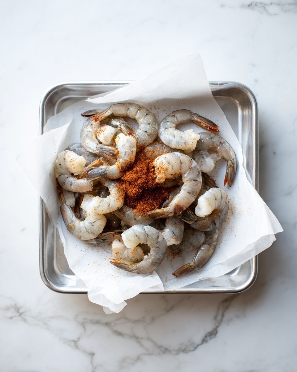 A baking tray lined with white parchment paper holds a single layer of raw shrimp, arranged loosely around the tray's center. The shrimp are pale with grayish tones, slightly curled with tails attached. In the middle of the shrimp, there is a small pile of reddish-brown seasoning powder, with some sprinkled on the shrimp around it. The tray sits on a white marbled surface. photo taken with an iphone --ar 4:5 --v 7
