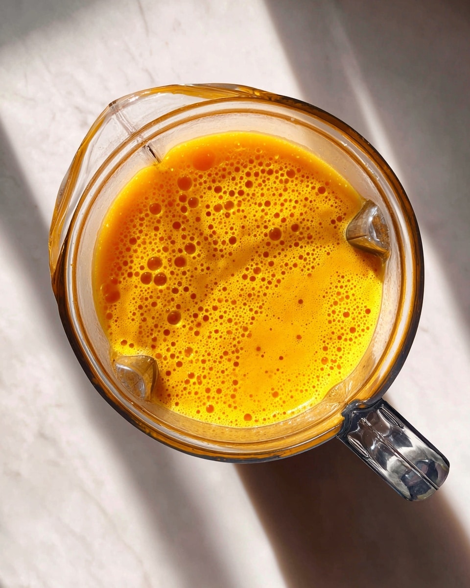 A clear blender container filled with a bright orange liquid that has many small bubbles on its surface, showing a smooth and slightly thick texture. The blender is placed on a white marbled textured surface with soft light casting diagonal shadows. The handle of the blender is visible on the right side of the image. Photo taken with an iphone --ar 4:5 --v 7