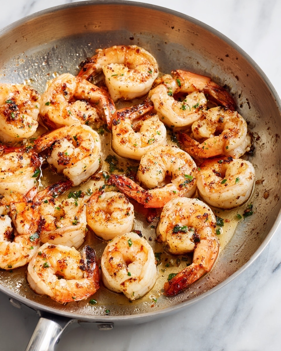The image shows a metal pan filled with cooked shrimp that have a light pink and white color with some charred brown spots, giving them a slightly crispy look. The shrimp are spread out in a single layer, and their tails are still attached. The pan has some browned marks from cooking and rests on a white marbled surface. photo taken with an iphone --ar 4:5 --v 7