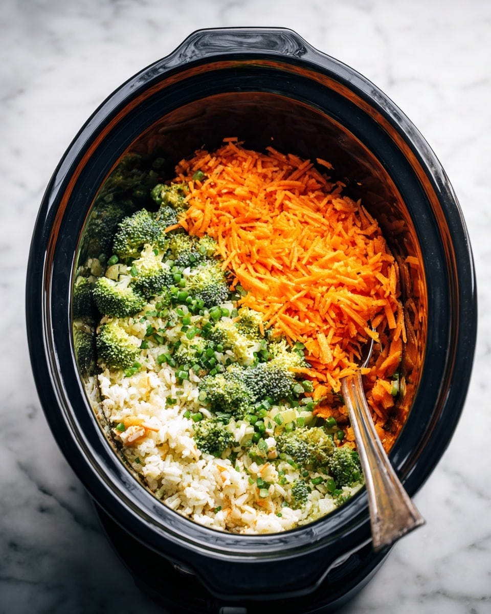 A black slow cooker is filled with three visible layers of ingredients. The bottom layer is white and chopped into small pieces, topped with a layer of shredded bright orange carrots spread evenly. The top layer consists of green broccoli florets scattered across the surface, giving a fresh and colorful look. A silver spoon is inserted into the food on the right side inside the cooker. The cooker sits on a white marbled surface. photo taken with an iphone --ar 4:5 --v 7