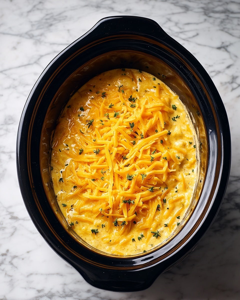 A black slow cooker filled with a single layer of bright orange shredded cheese evenly spread on a pale yellow creamy sauce with small green herb specks, all resting on a white marbled surface. photo taken with an iphone --ar 4:5 --v 7