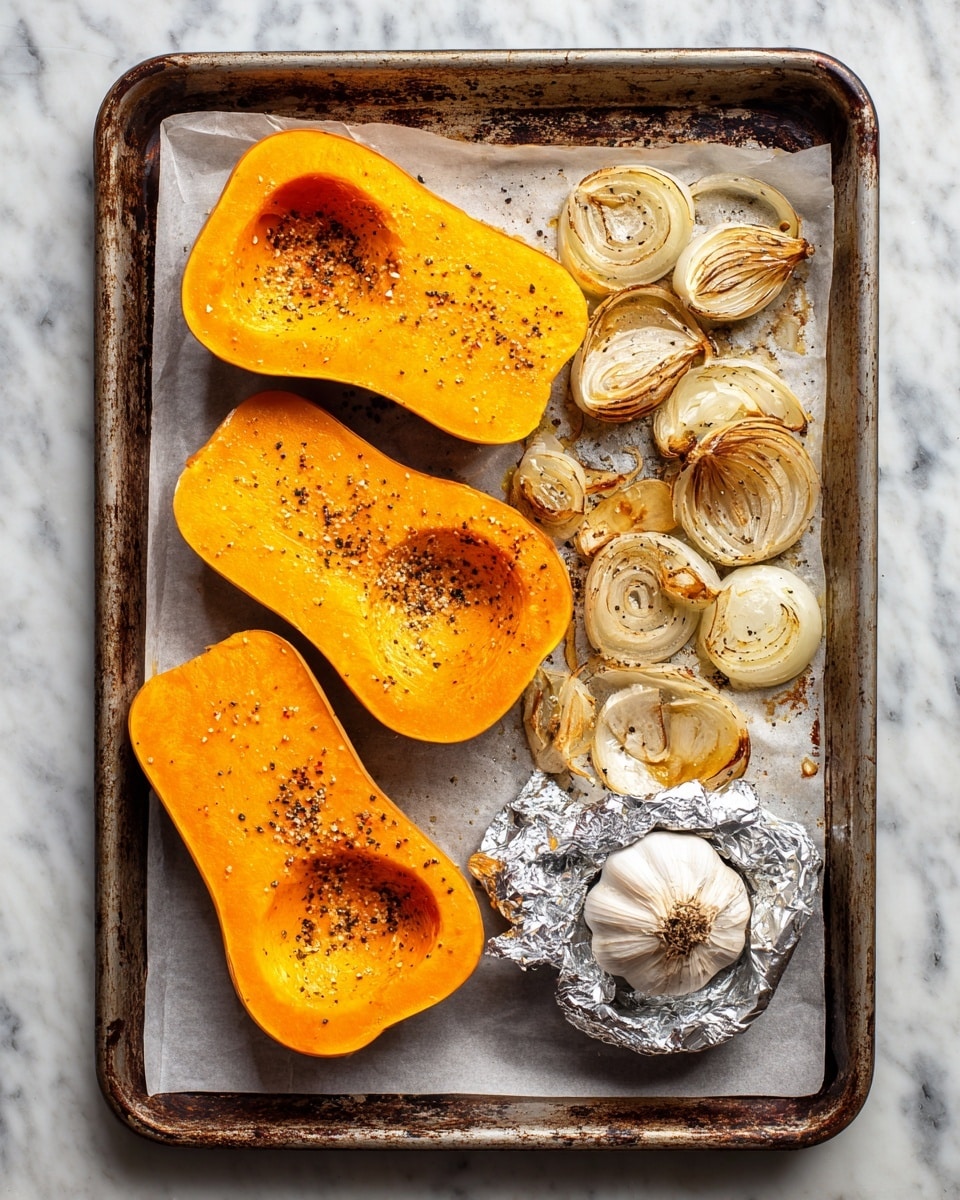 The image shows a baking tray lined with parchment paper on a white marbled surface. On the left side, there are two halves of bright orange butternut squash, placed with their hollowed sides facing up and sprinkled with black pepper. To the right of the squash are scattered roasted onion slices, golden with some browning edges. In the bottom right corner, there is a whole head of garlic wrapped partly in crumpled aluminum foil, with the top cut off to show the cloves inside. The tray has a well-used look, with darkened spots from previous cooking. photo taken with an iphone --ar 4:5 --v 7