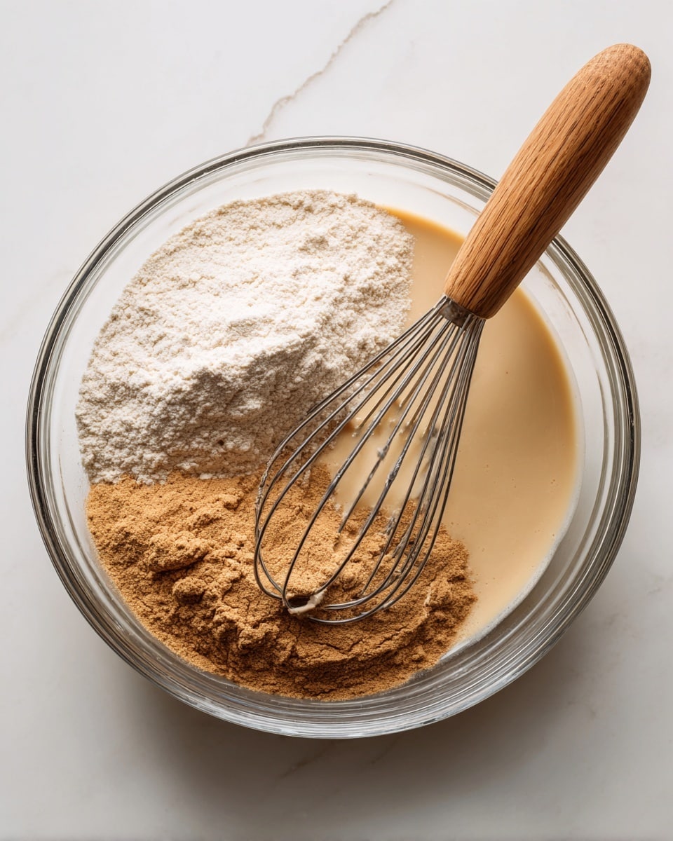 Clear glass bowl with three main ingredients inside on a white marbled surface: a mound of light beige flour on the left, a heap of medium brown powder on the top right, and a creamy light tan liquid filling the bottom right. A metal whisk with a wooden handle rests inside the bowl, partly touching each ingredient. The overall view is from above. Photo taken with an iphone --ar 4:5 --v 7
