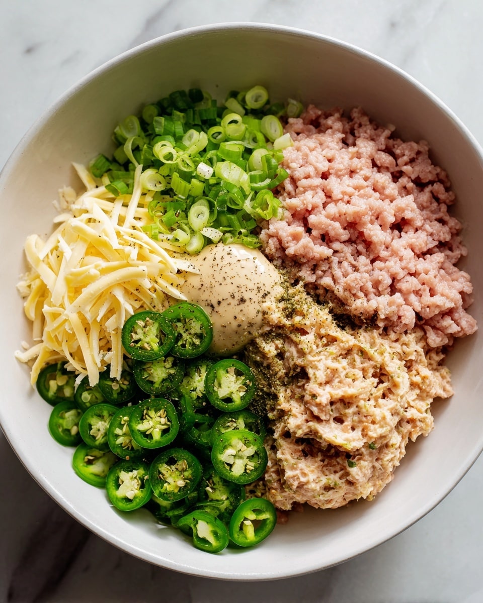 A white bowl with different ingredients arranged in separate piles before mixing: a large portion of light pink ground meat on the top right, a pile of thinly sliced green onions in the top left, shredded pale yellow cheese on the bottom left, a dollop of creamy beige mustard near the cheese, and many bright green round slices of jalapeño on the bottom right, all sprinkled with black pepper and salt; next to it, a white bowl showing the same ingredients mixed together into a rough, chunky, light pink and yellowish paste with visible green jalapeño slices throughout. Both bowls are placed on a white marbled surface. Photo taken with an iphone --ar 4:5 --v 7