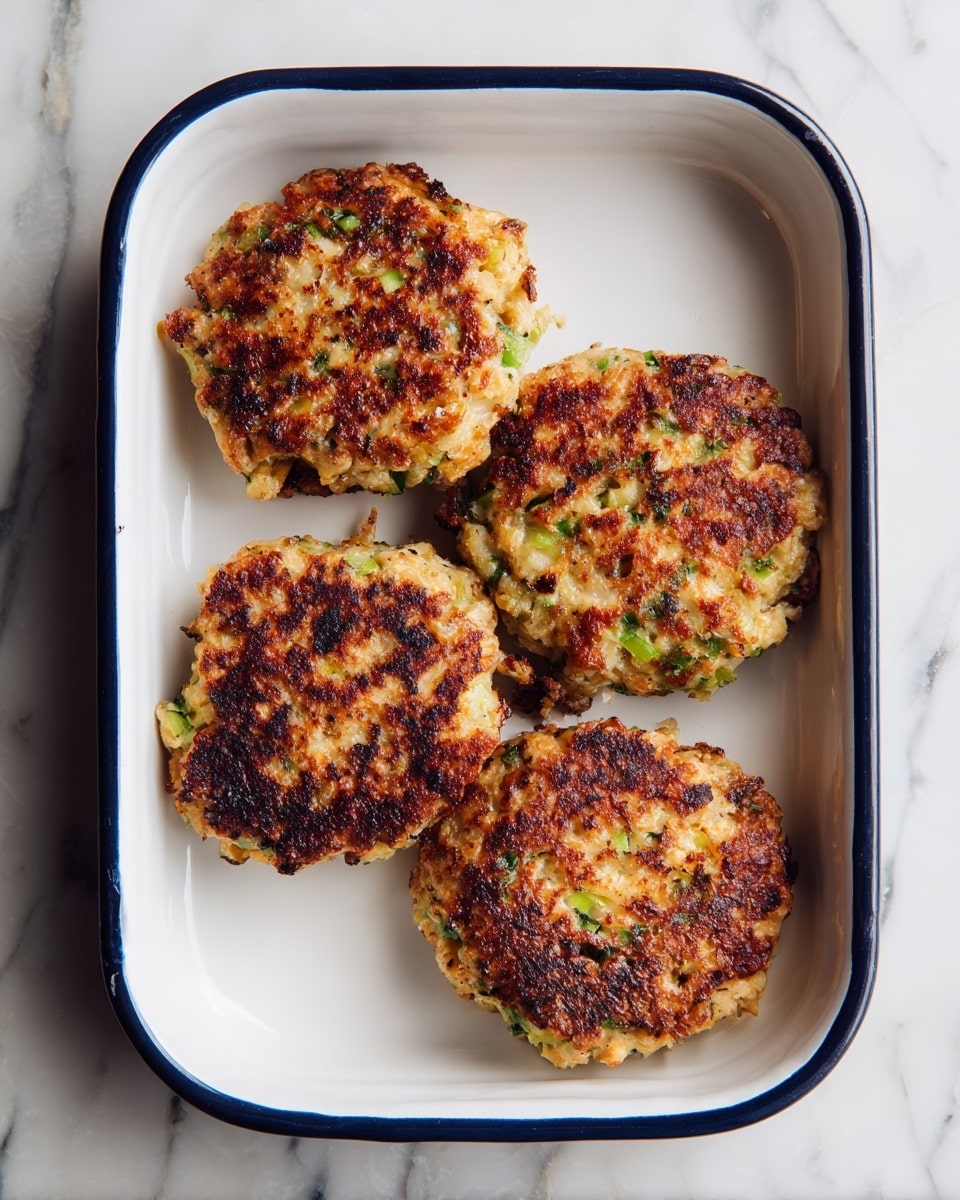 A white rectangular tray with a dark blue rim holds four cooked patties. Each patty is irregular in shape with a golden-brown, slightly crispy surface showing some darker browned edges, and is studded with pieces of light green slices inside. The patties have a rough, uneven texture on the top and edges and appear soft inside with a light beige color mixed with the green slices. The tray rests on a white marbled textured surface. photo taken with an iphone --ar 4:5 --v 7