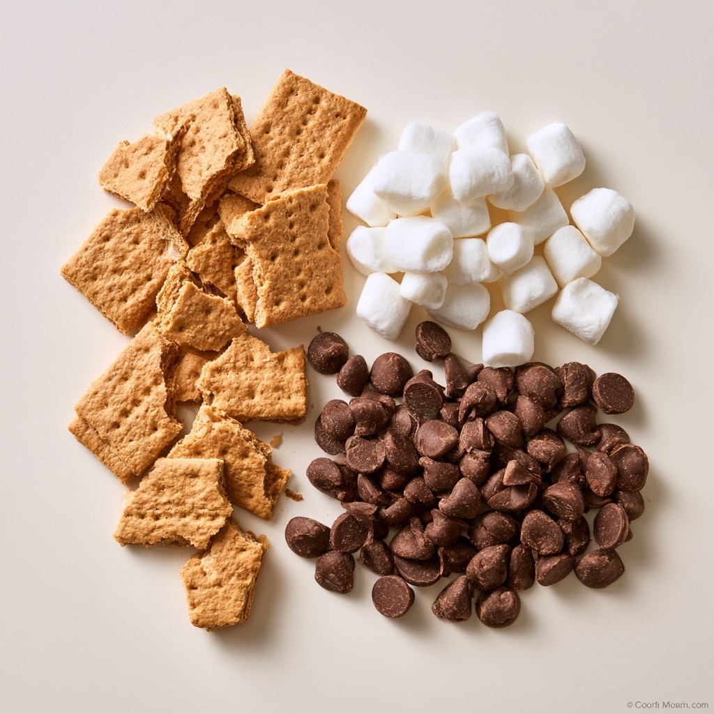 The image shows a round foil pie dish filled with a layered dessert. The bottom layer is made of small broken pieces of golden-brown graham crackers, scattered unevenly. On top of that, there is a thick layer of melted, slightly browned marshmallows that cover most of the surface. Mixed within and on top of the marshmallows are many small, round, milk chocolate pieces, some of which have melted slightly. The dessert looks gooey and rich with a mix of creamy white from the marshmallows, dark light brown from the chocolate, and golden from the graham crackers, all on a white marbled surface. photo taken with an iphone --ar 4:5 --v 7