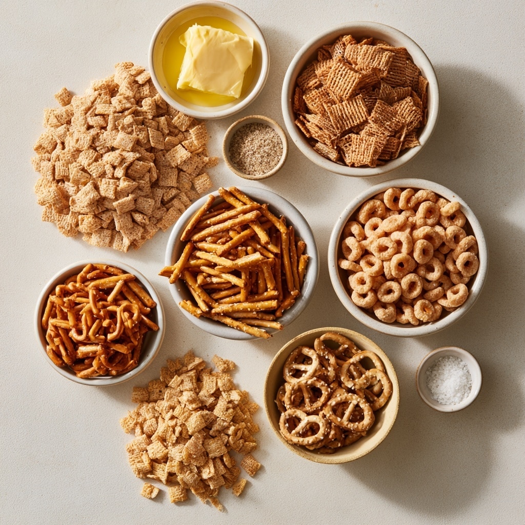 A black air fryer basket is filled with a mix of small snack pieces including long, thin pretzel sticks that are a dark golden brown. The mix also contains square cereal pieces in different shades of light brown and tan with a textured, waffle-like surface, and small round cereal loops in a pale beige color scattered throughout. The snack mix looks crunchy and has a variety of shapes and sizes evenly spread across the basket. The basket is placed on a white marbled texture surface. photo taken with an iphone --ar 4:5 --v 7