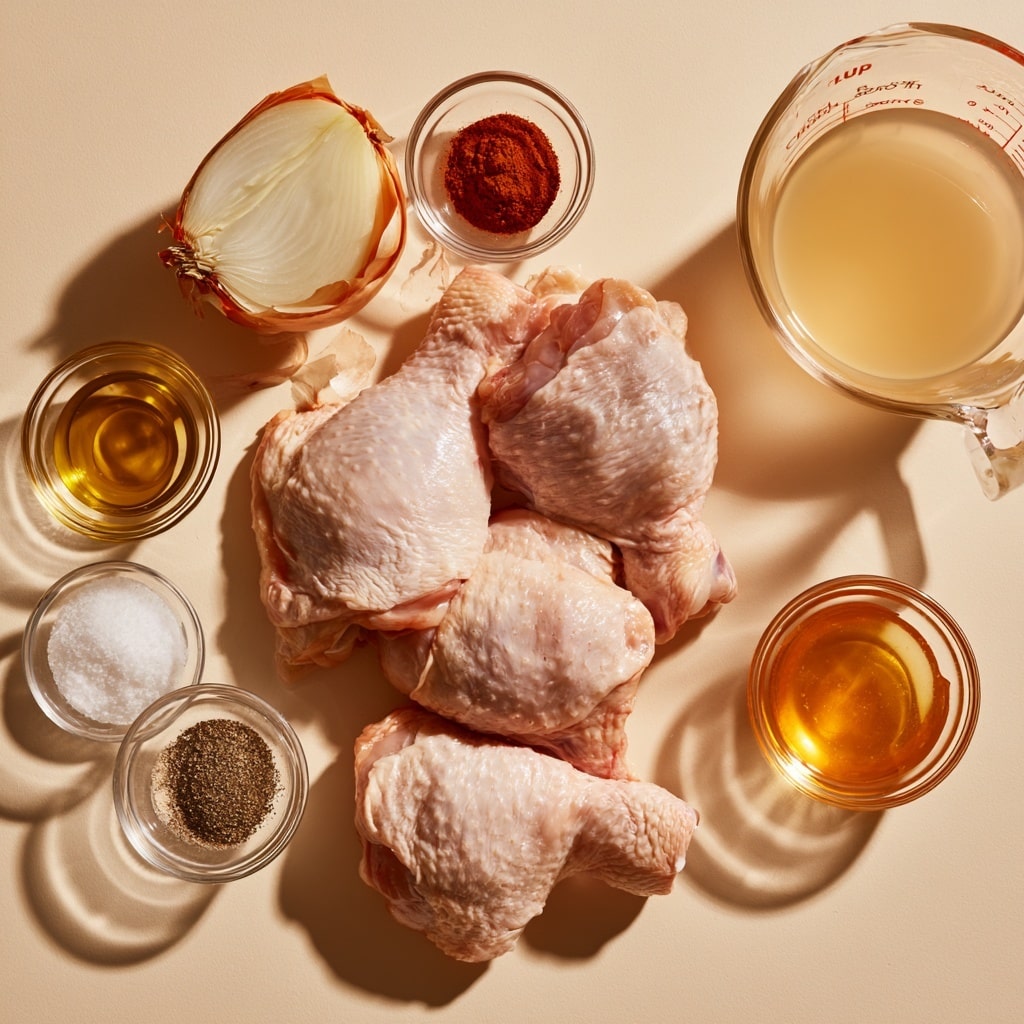 The collage shows four images with different steps of preparing a savory dish. The top-left image displays thin white onion slices spread out on a wooden cutting board. The top-right image features raw pale chicken pieces with skin resting in a clear glass bowl. The bottom-left image presents a clear glass bowl containing a small pile of powdered spices with colors ranging from red to light brown, along with a dollop of golden honey on top. The bottom-right image captures a white rectangular baking dish filled with cooked golden-brown chicken thighs sitting in a thick brown sauce with visible onions underneath. All photos appear on a white marbled surface. photo taken with an iphone --ar 4:5 --v 7