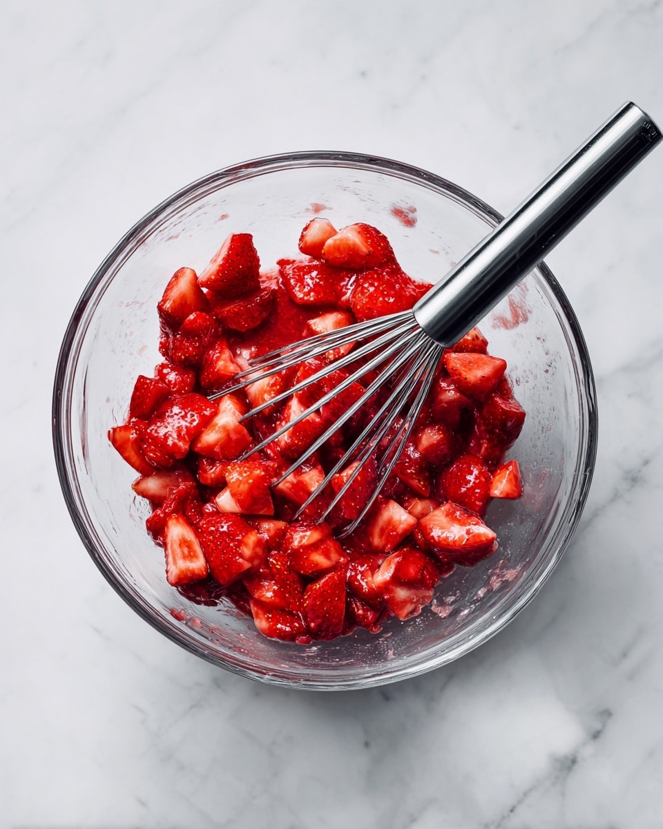 A clear glass bowl filled with many small, bright red strawberry pieces that have been mashed a little. The strawberries show a mix of solid slices and crushed bits with a juicy, shiny texture. A metal potato masher with a black handle rests inside the bowl over the strawberries. The bowl sits on a white marbled surface. photo taken with an iphone --ar 4:5 --v 7